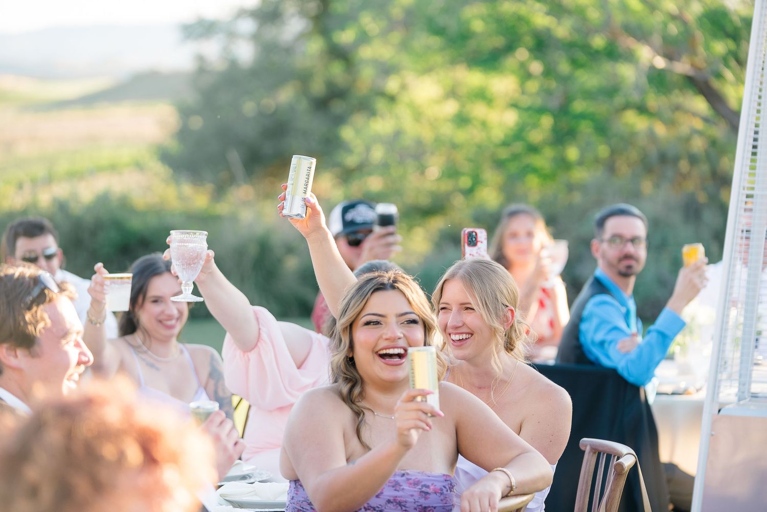 Bridesmaids and wedding guests raise champagne glasses in joyful outdoor toast at reception.
