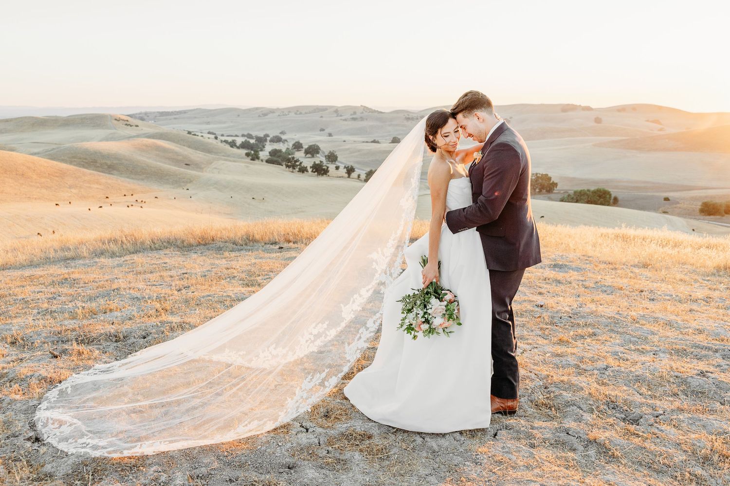 Romantic sunset wedding photo on rolling hills with flowing veil in golden light.