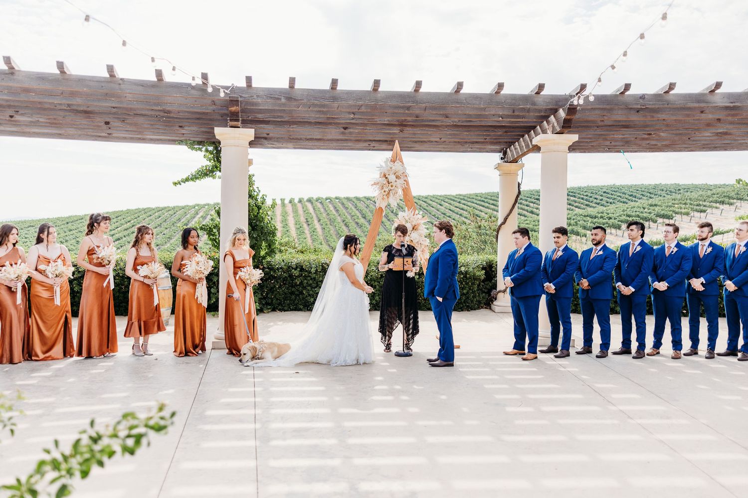 Bridal party in blue suits and burnt orange dresses stands under a pergola at a vineyard wedding ceremony.
