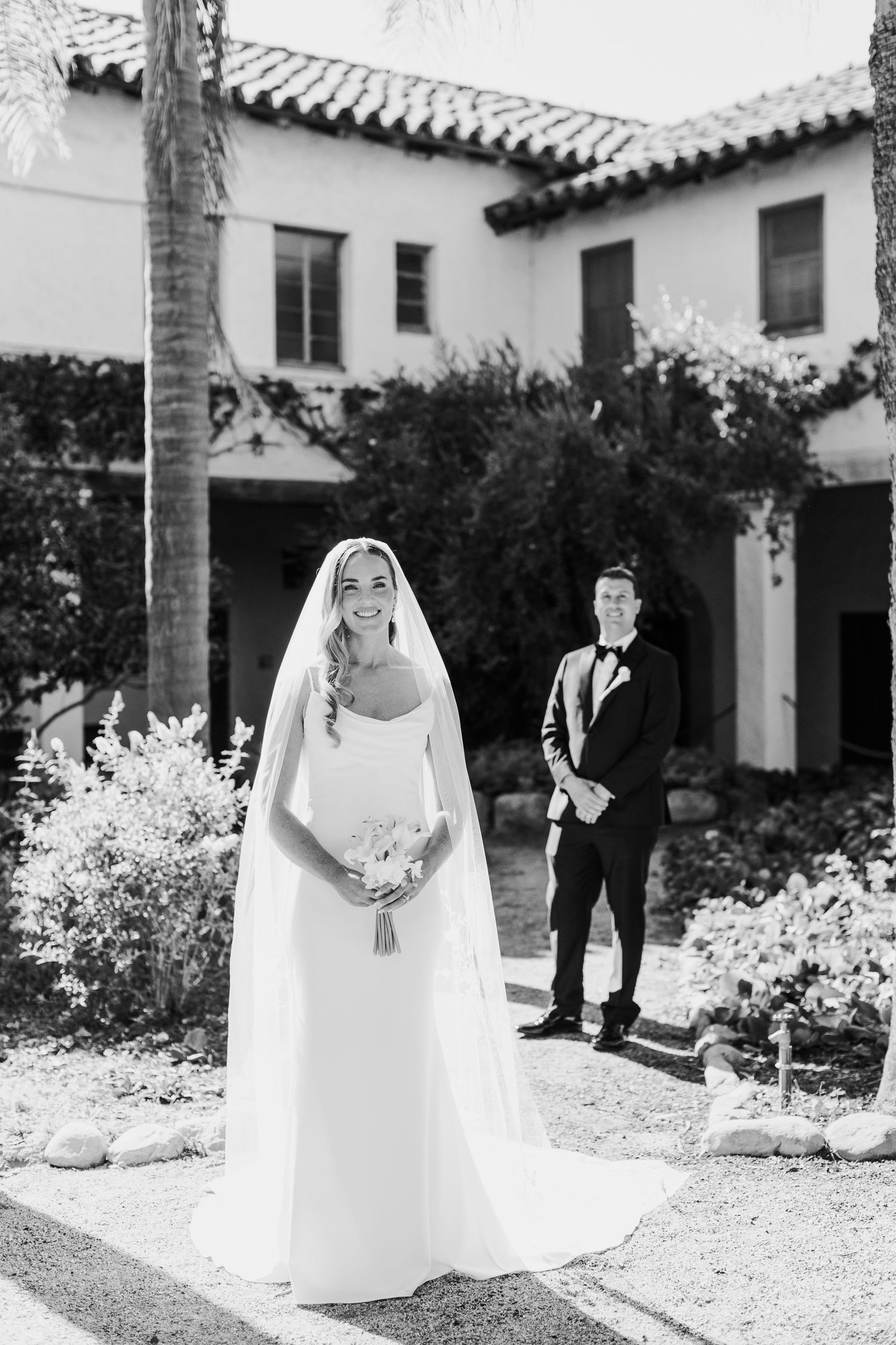 Wedding photography sequence showing a bride and groom posing in a Mediterranean garden setting.