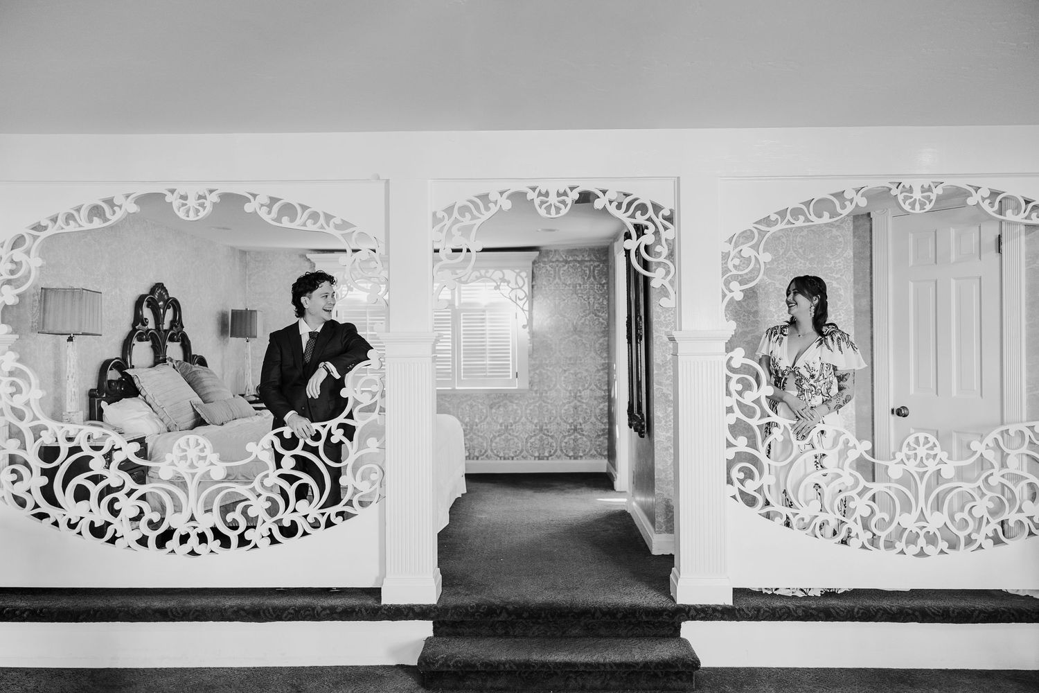 A series of decorative white wall frames with ornate floral patterns displayed in a horizontal arrangement.
