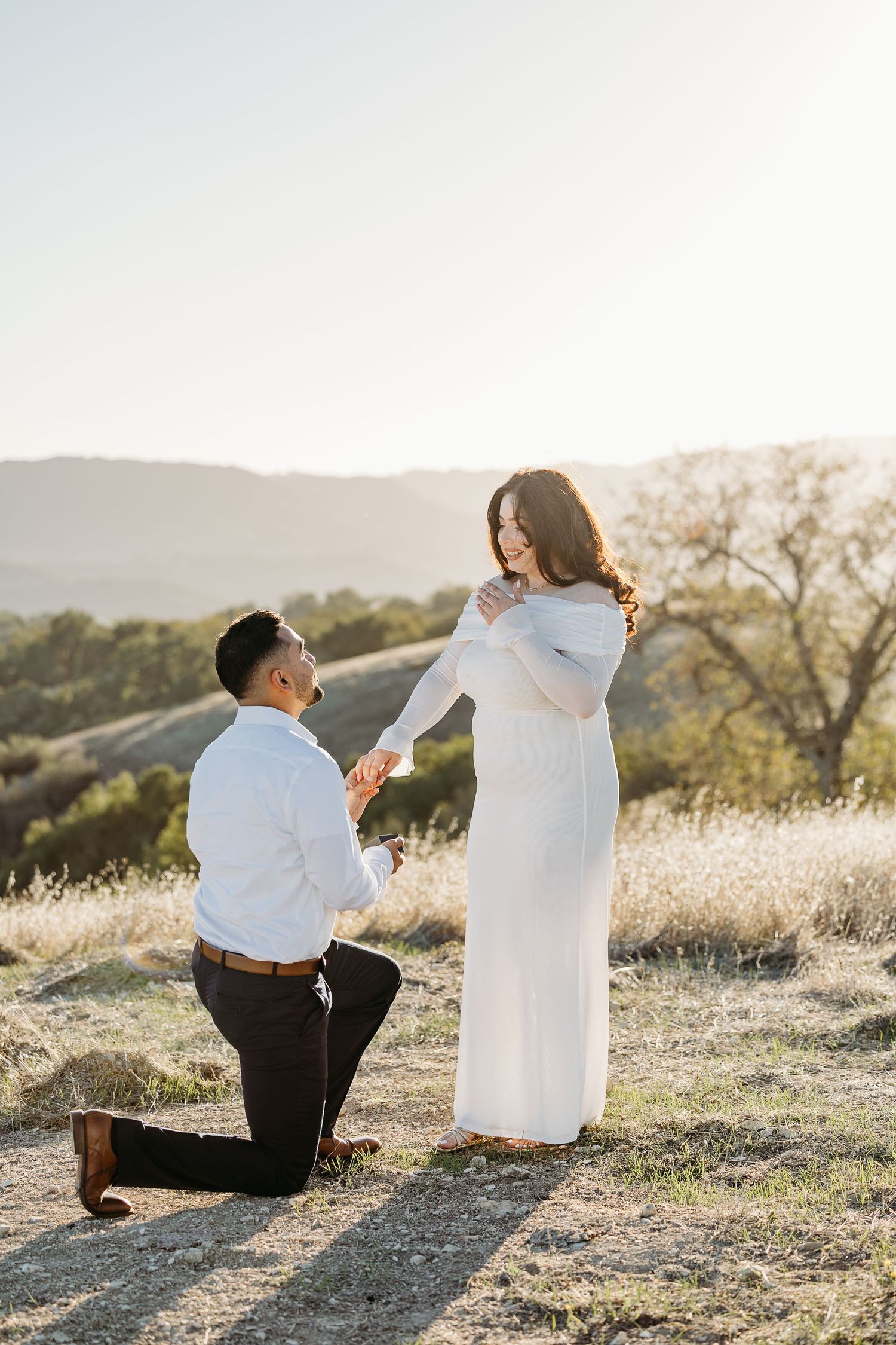 A romantic proposal scene unfolds on a sunlit hillside as a couple shares a special moment at sunset.