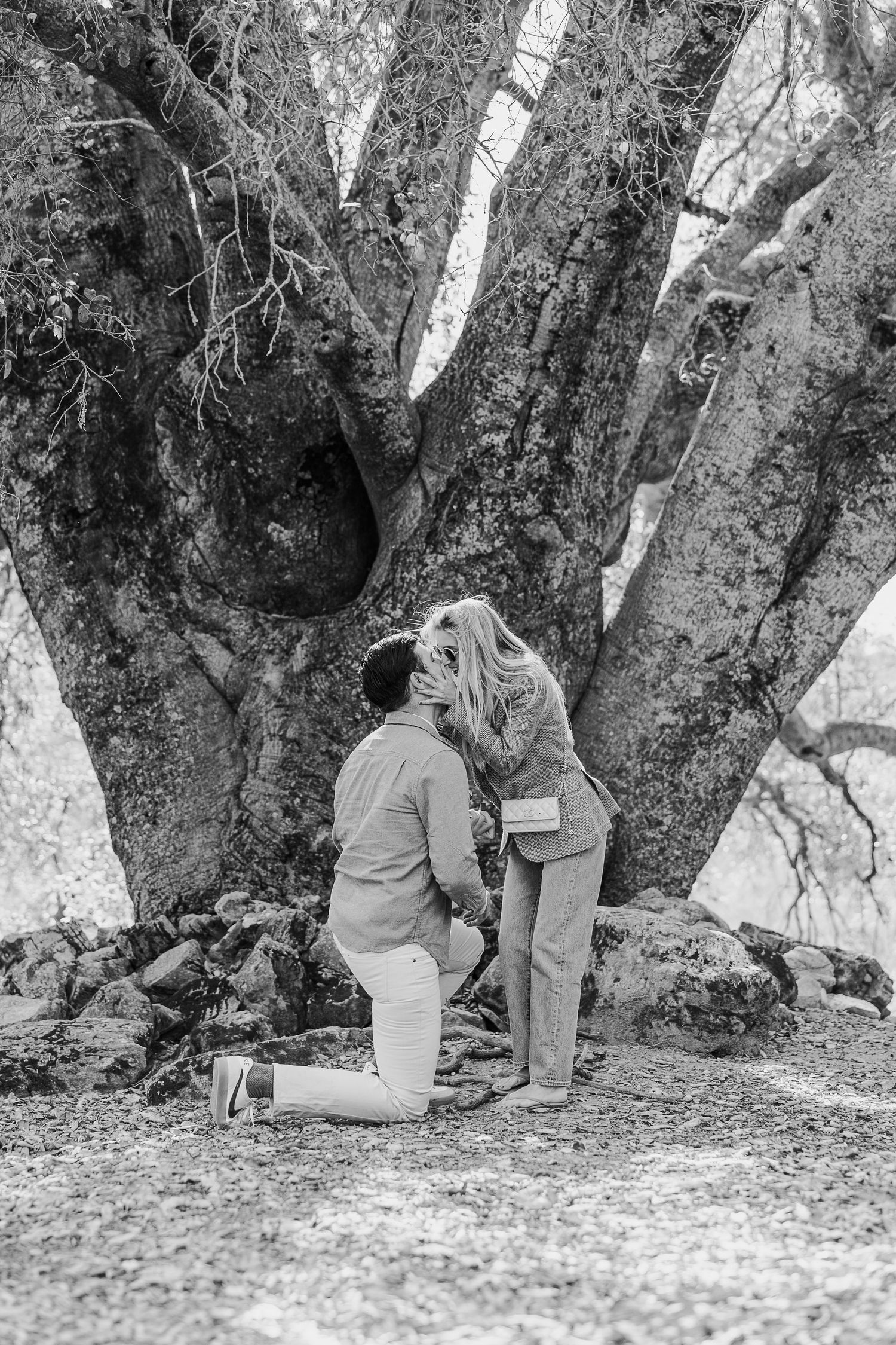 A romantic black and white photo sequence showing a couple embracing near a large tree trunk in a natural setting.