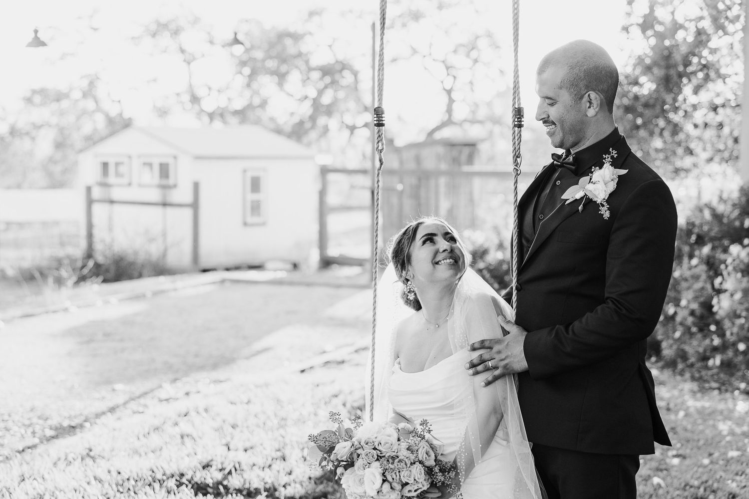 A series of black and white wedding portraits captured outdoors.
