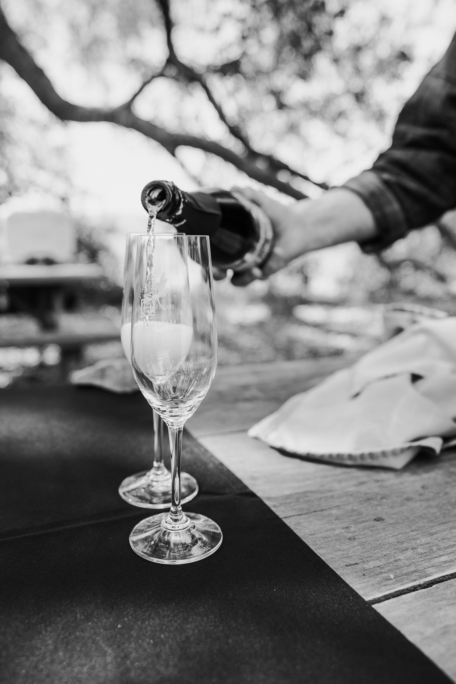 Black and white close-up of wine being poured into elegant stemware glasses.