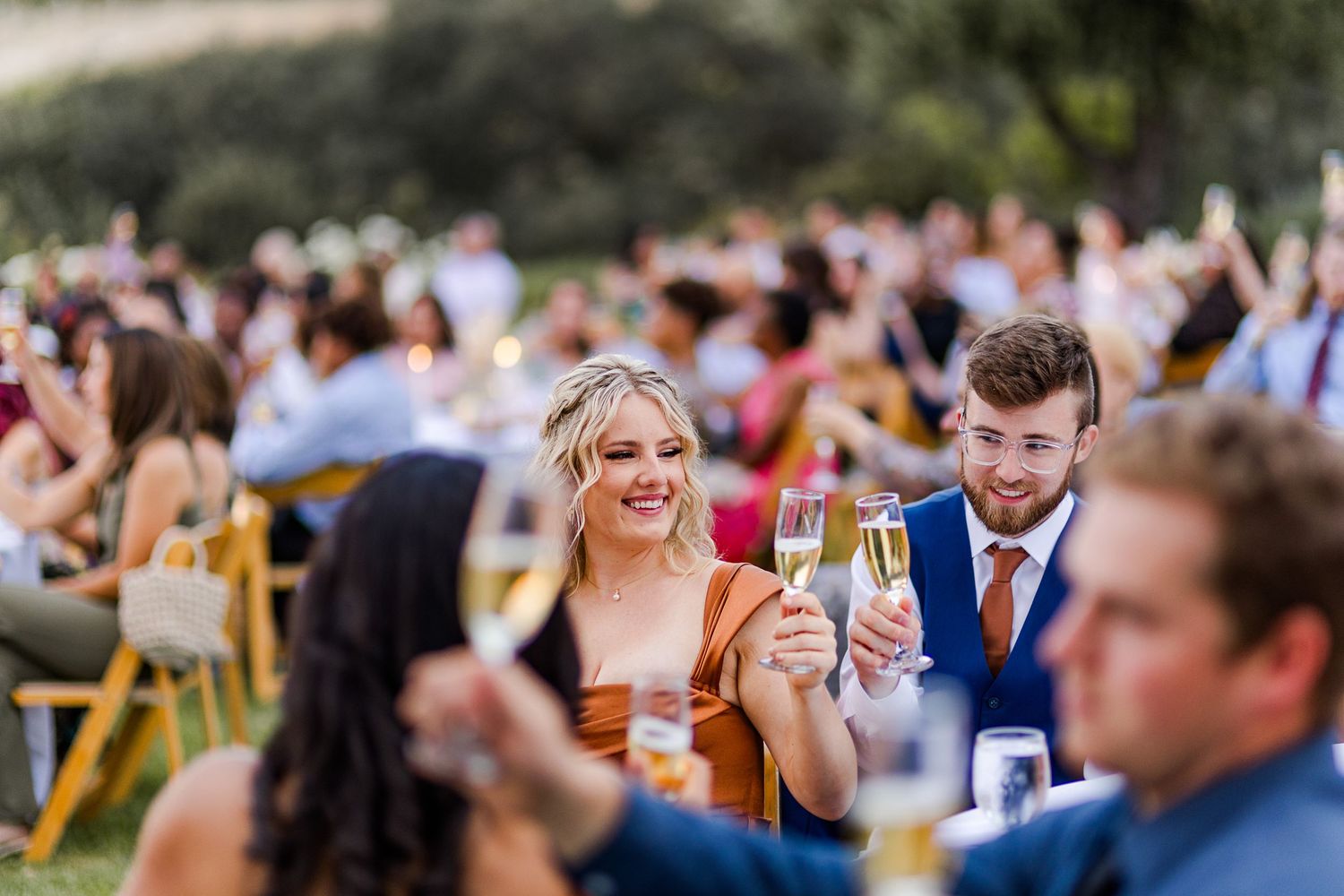 Wedding guests raise champagne glasses during an outdoor reception celebration.