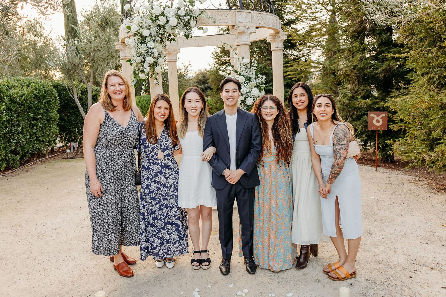 Group of wedding guests standing together outdoors in formal attire on a garden path.