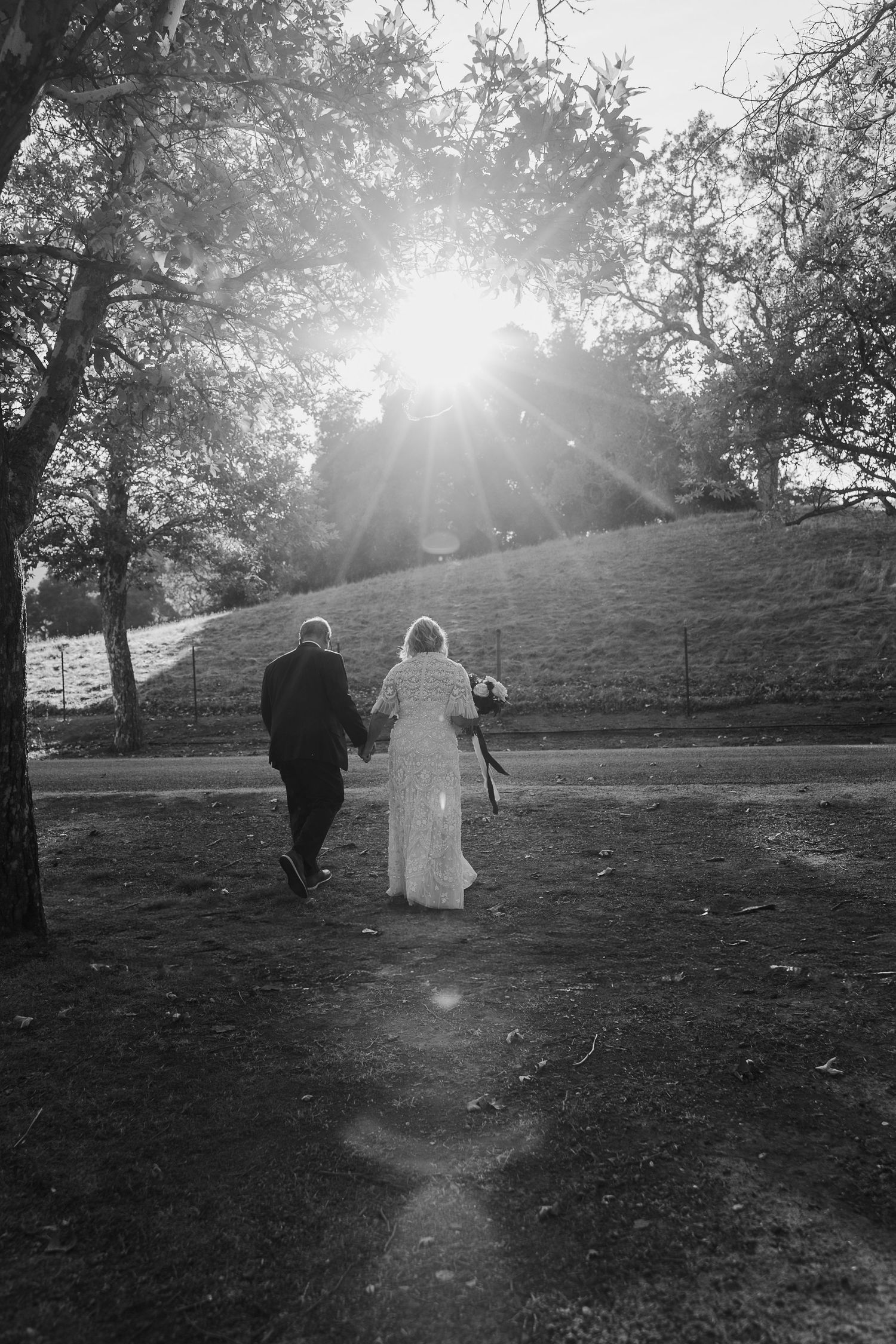 Black and white wedding portrait of a couple walking up a hill in dramatic sunlight.