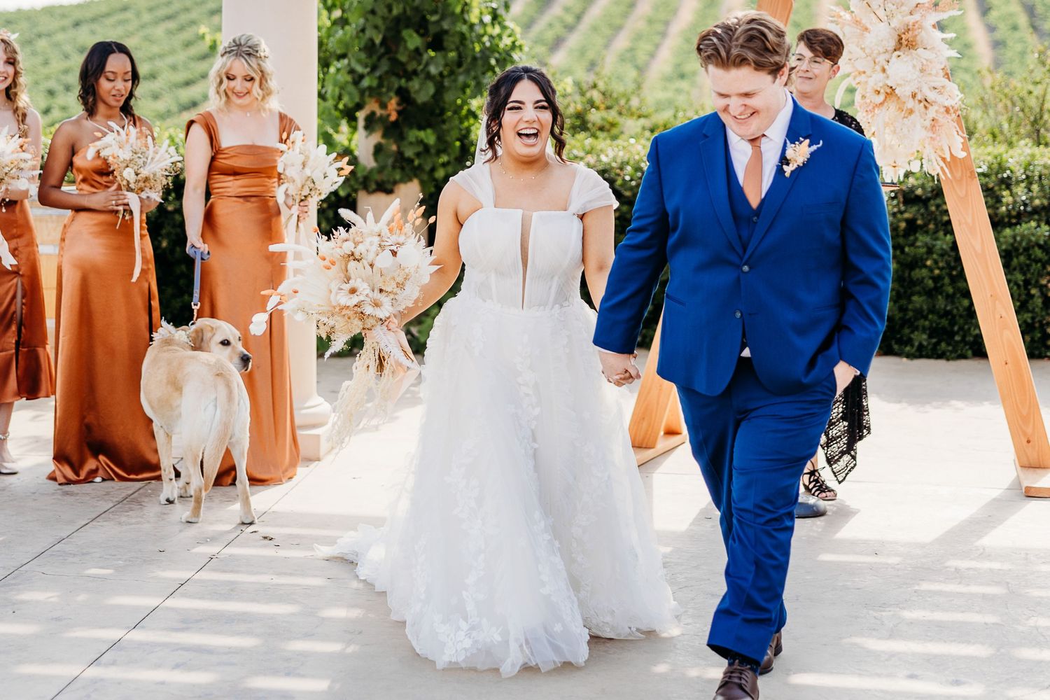 Wedding party processes down paved walkway with bridesmaids in rust-colored dresses and dog in attendance.