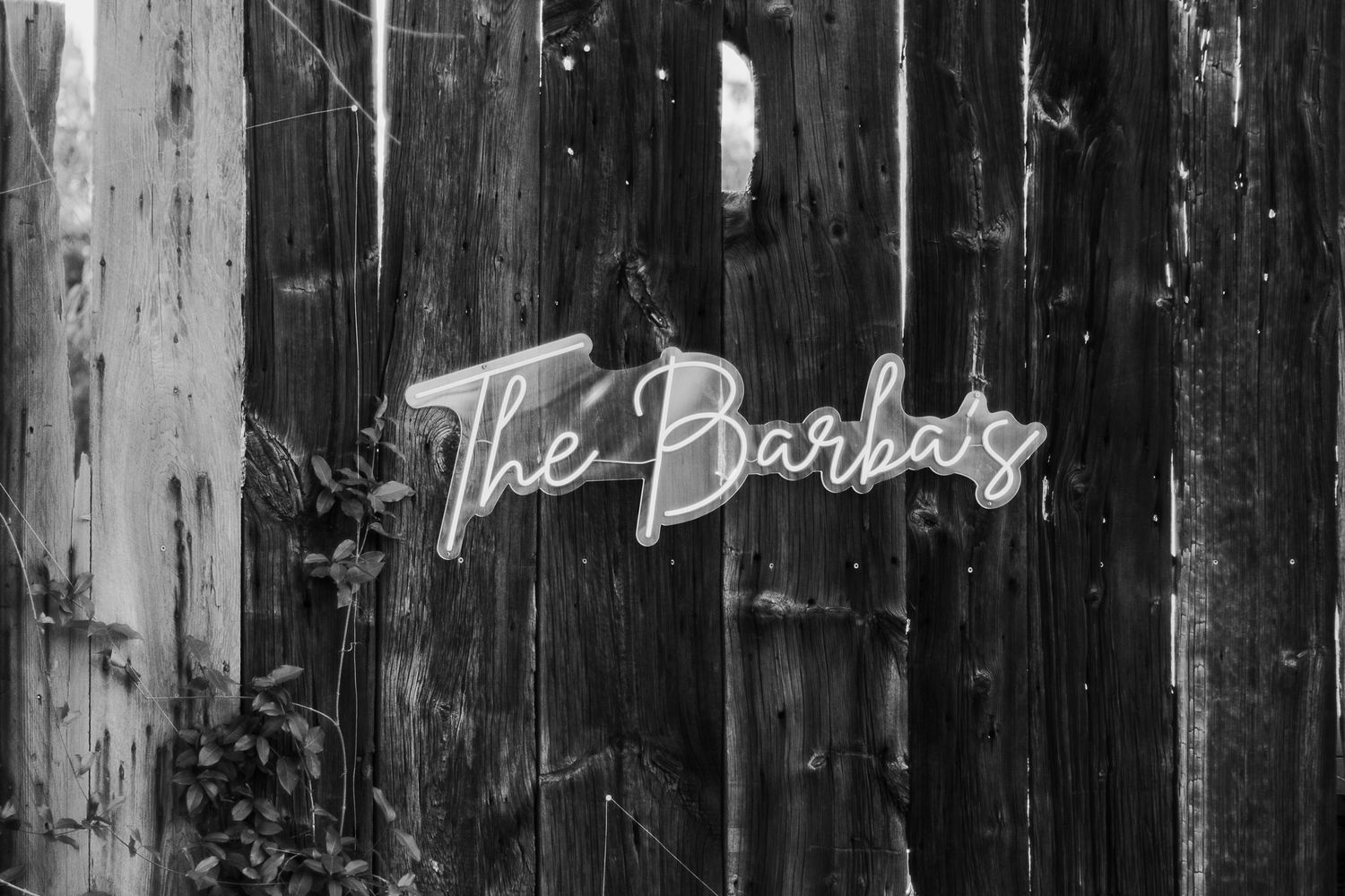 A neon sign reading 'The Darkness' mounted on a weathered wooden wall in black and white.