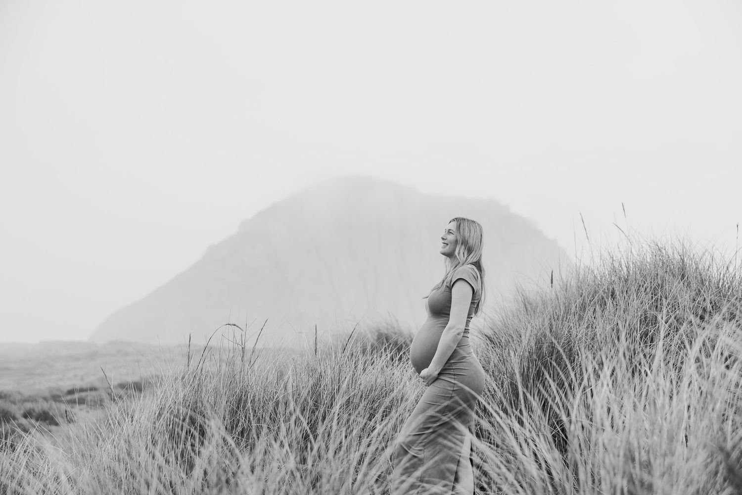 Silhouetted maternity photo with mountains and tall grass in the background.