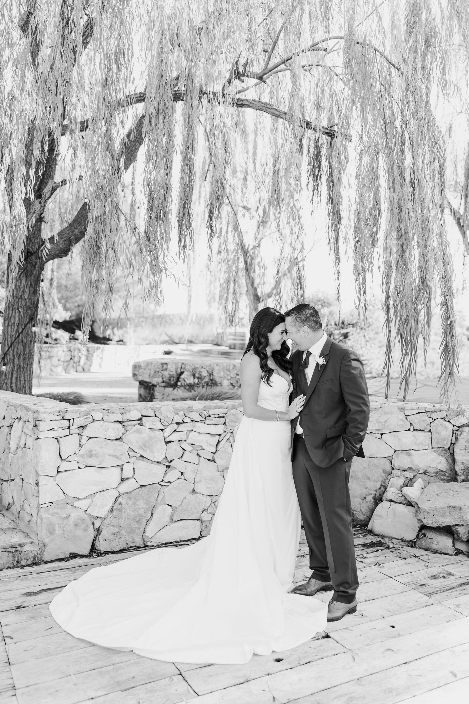 A black and white wedding photo with a couple embracing under weeping willow trees.