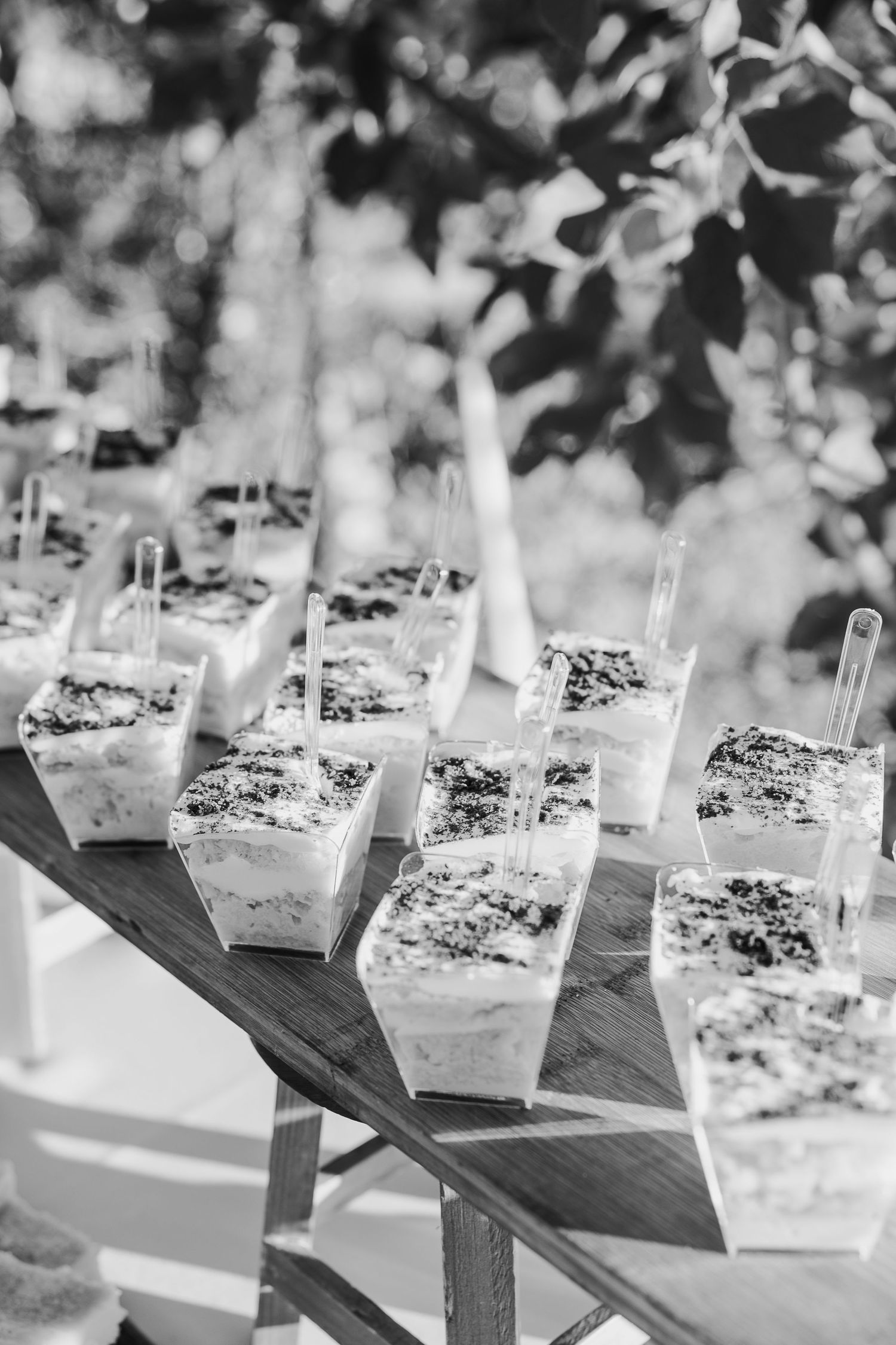 Black and white photo of dessert cups with crumbled toppings arranged on a wooden display at an outdoor event.