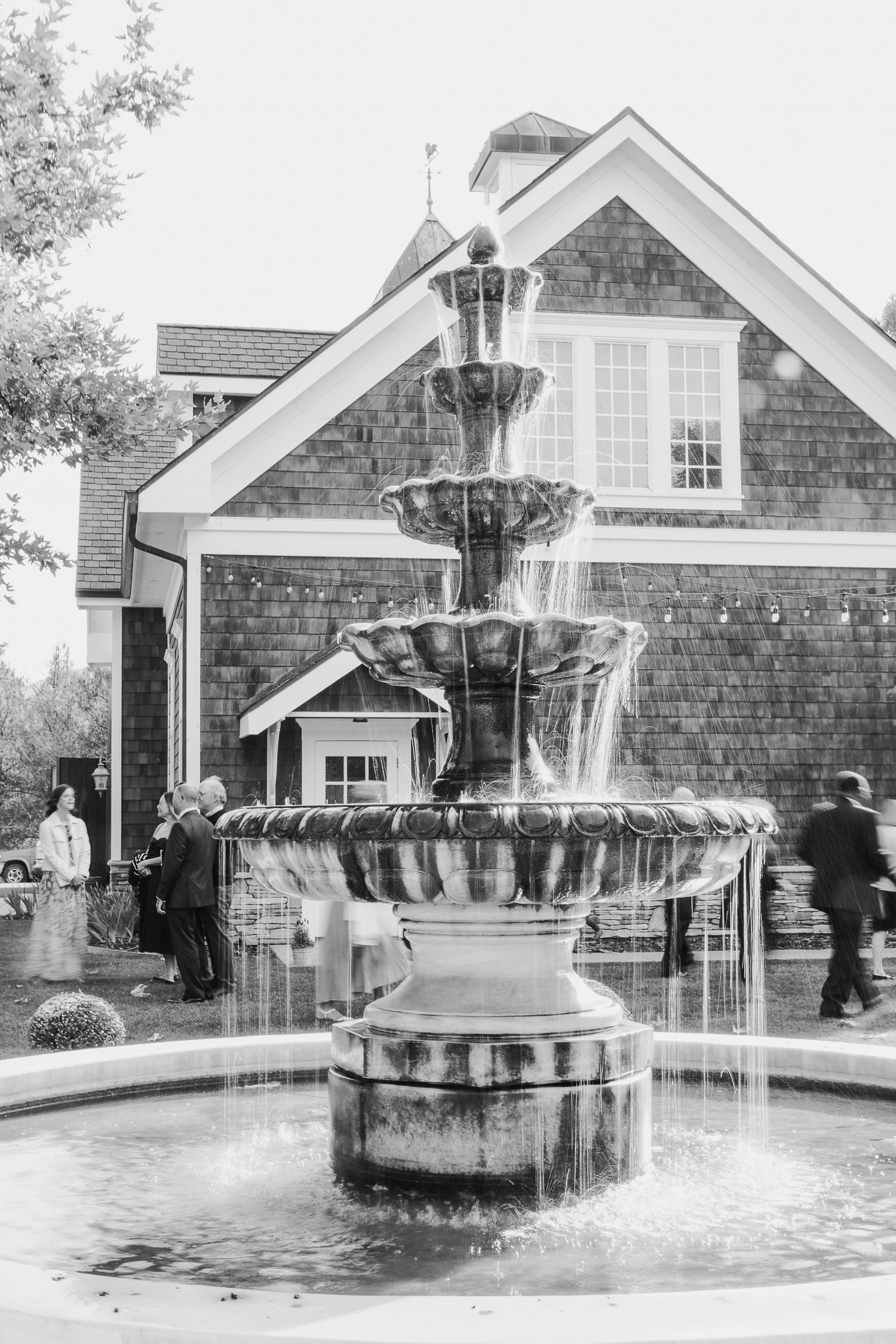 Elegant water fountain feature in front of a craftsman style house.