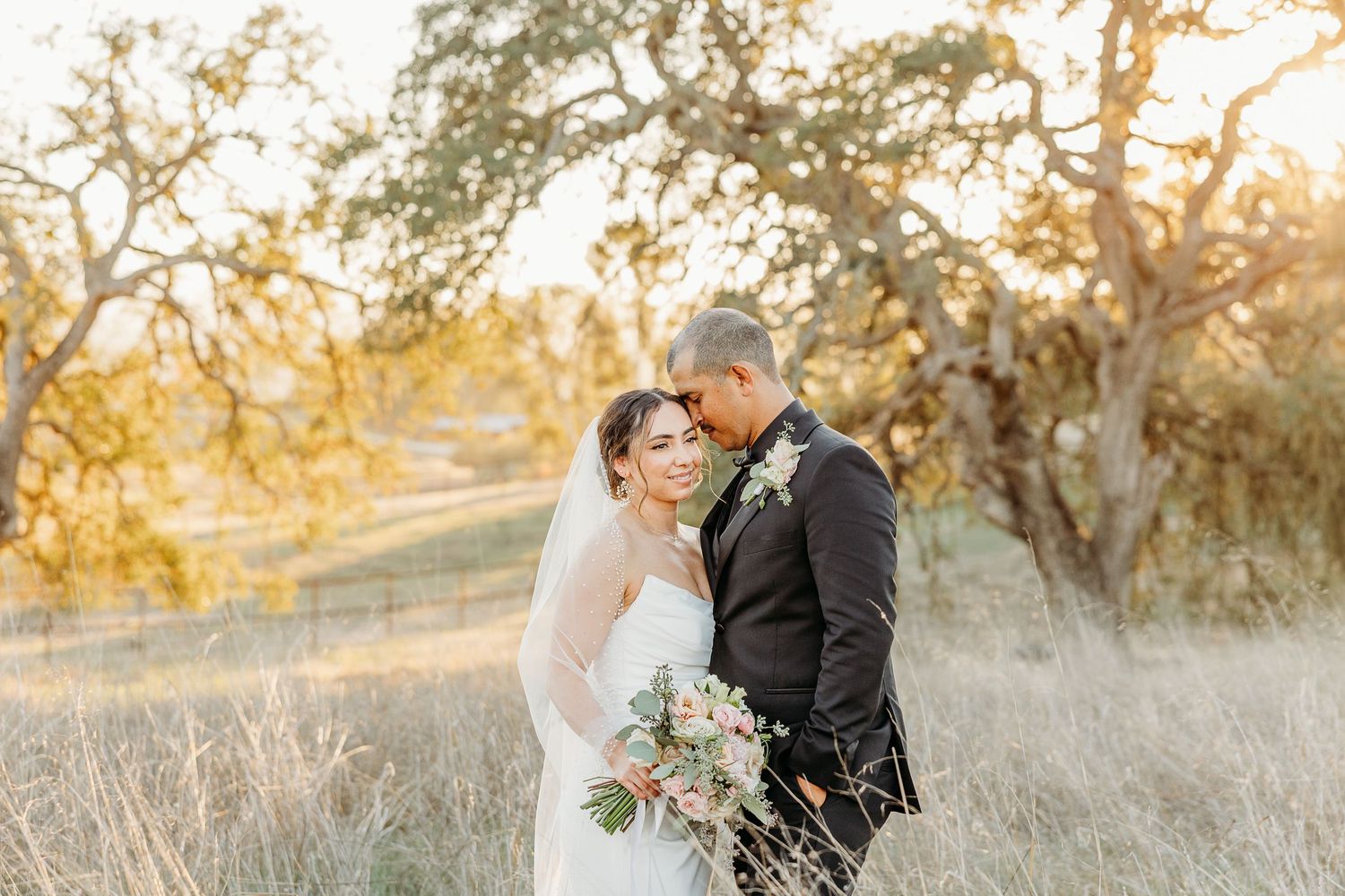 Romantic sunset wedding portraits taken in a field with golden light filtering through oak trees.