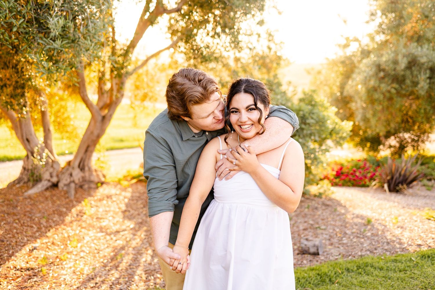 Two people share a tender moment outdoors during golden hour among olive trees.
