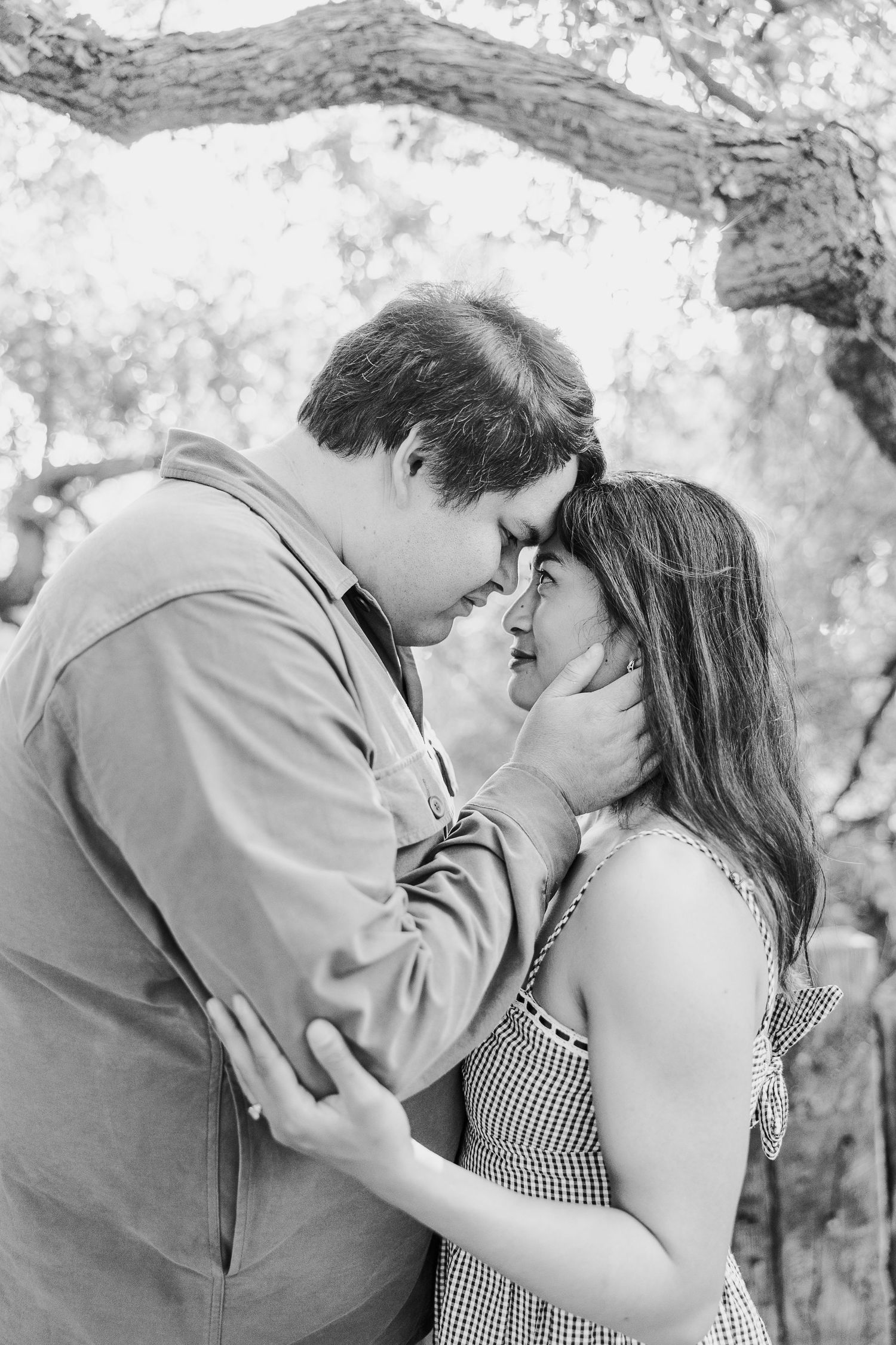 A romantic black and white photo of a tender moment between a couple embracing under a tree branch.
