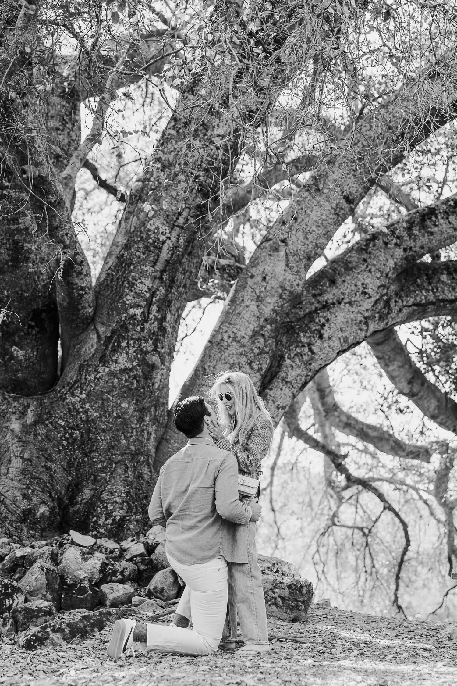 Black and white photo sequence showing a couple sharing tender moments under a large tree.