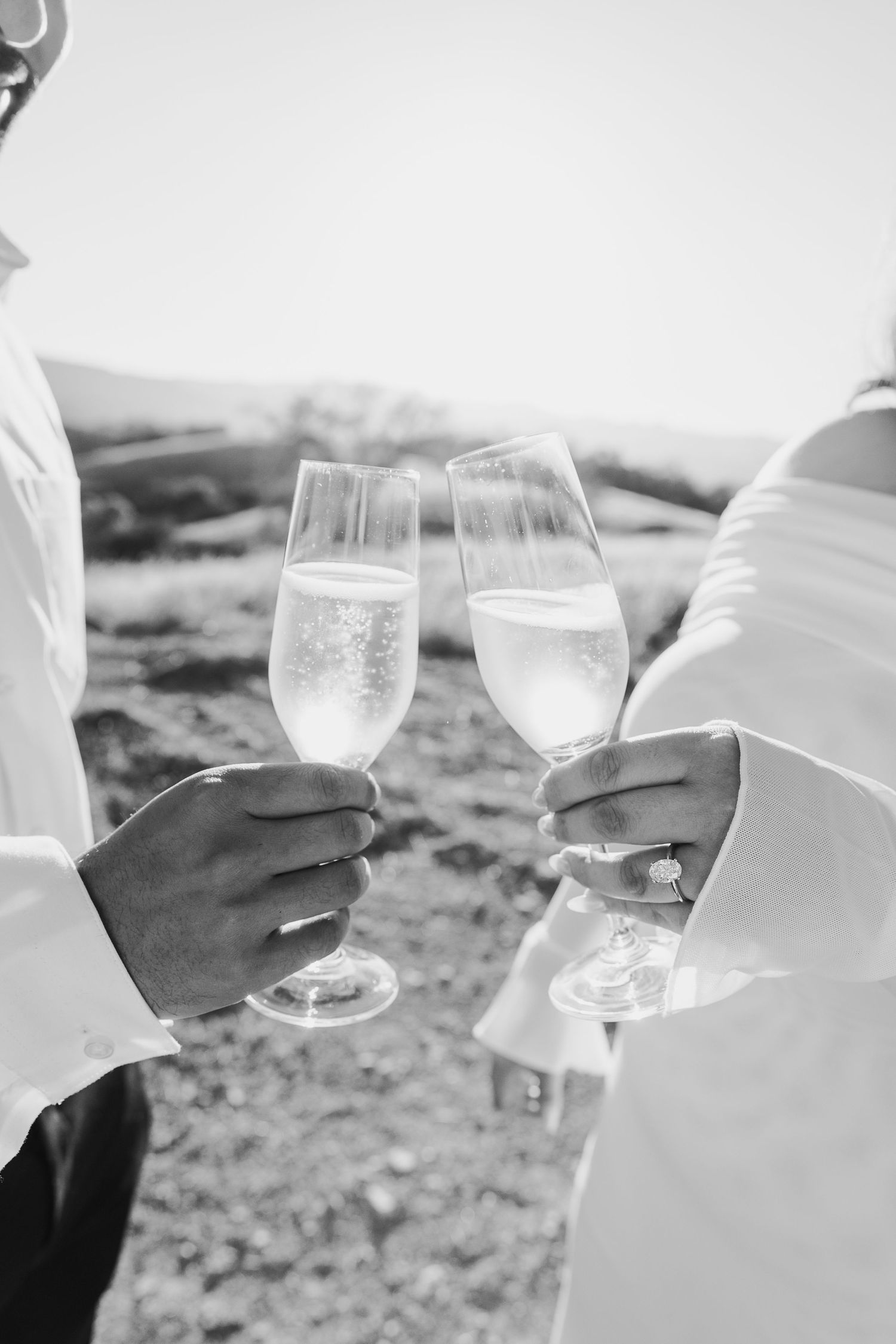 Black and white image of hands holding wine glasses in a celebratory toast gesture.