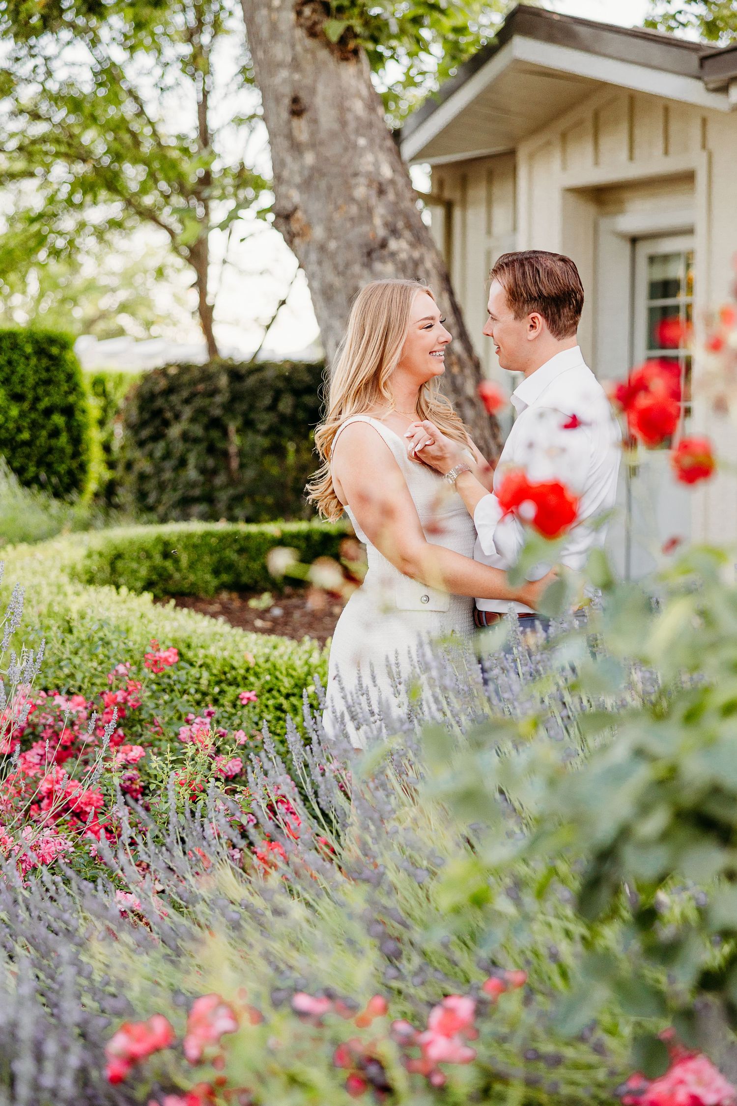 Couple embraces in a romantic garden setting surrounded by blooming lavender and red flowers on a sunny day.