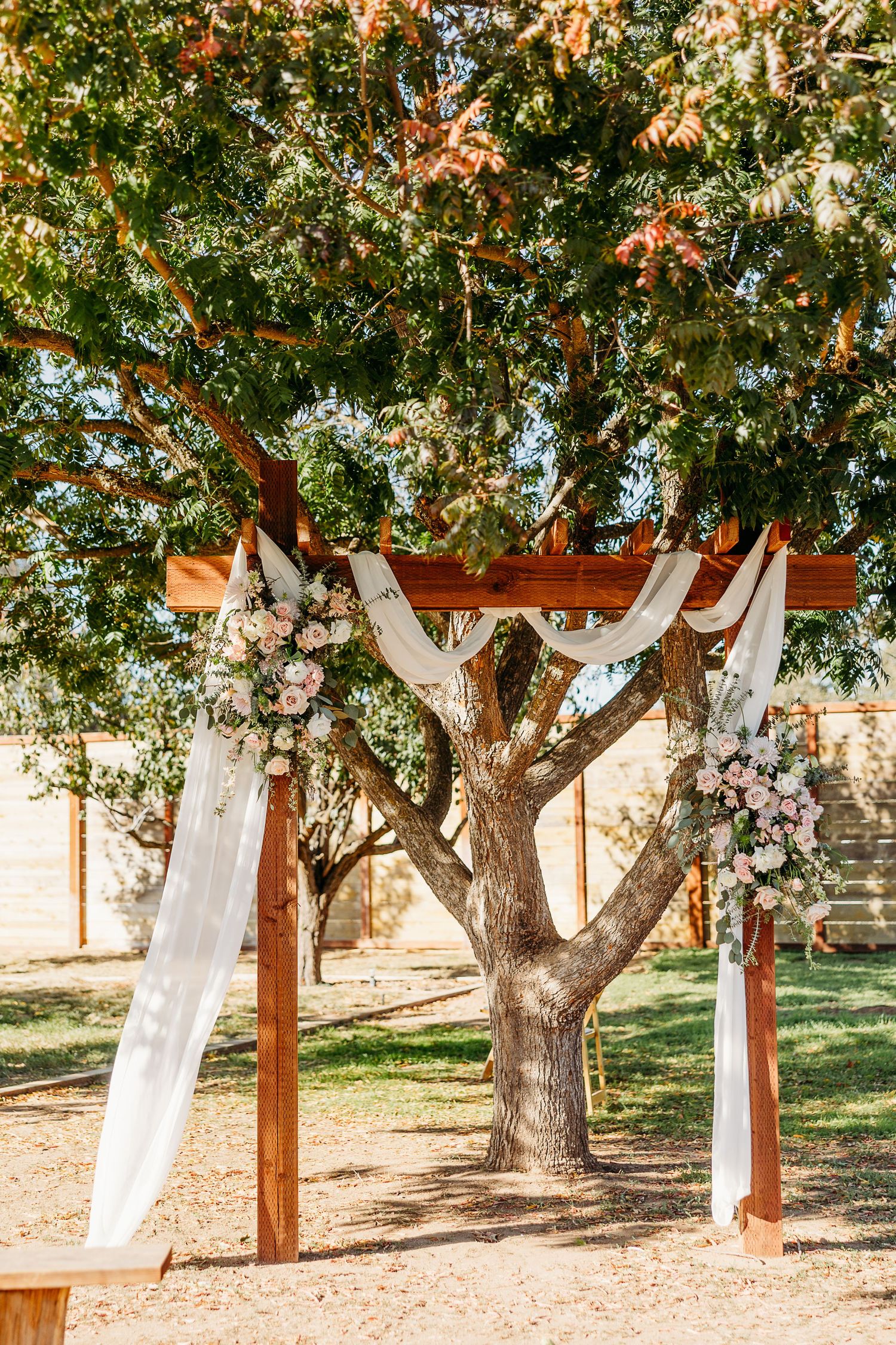 Wooden wedding arch decorated with white fabric stands among trees in orchard setting.