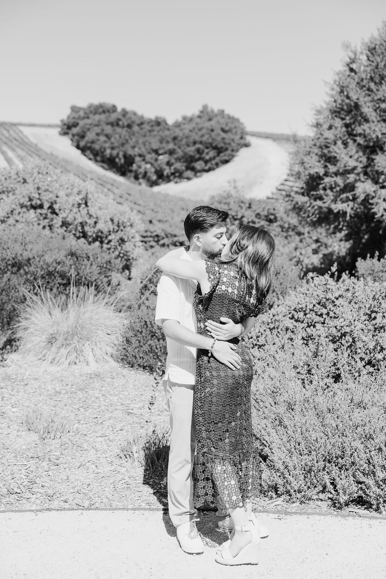A romantic black and white photograph captured in a scenic vineyard setting.