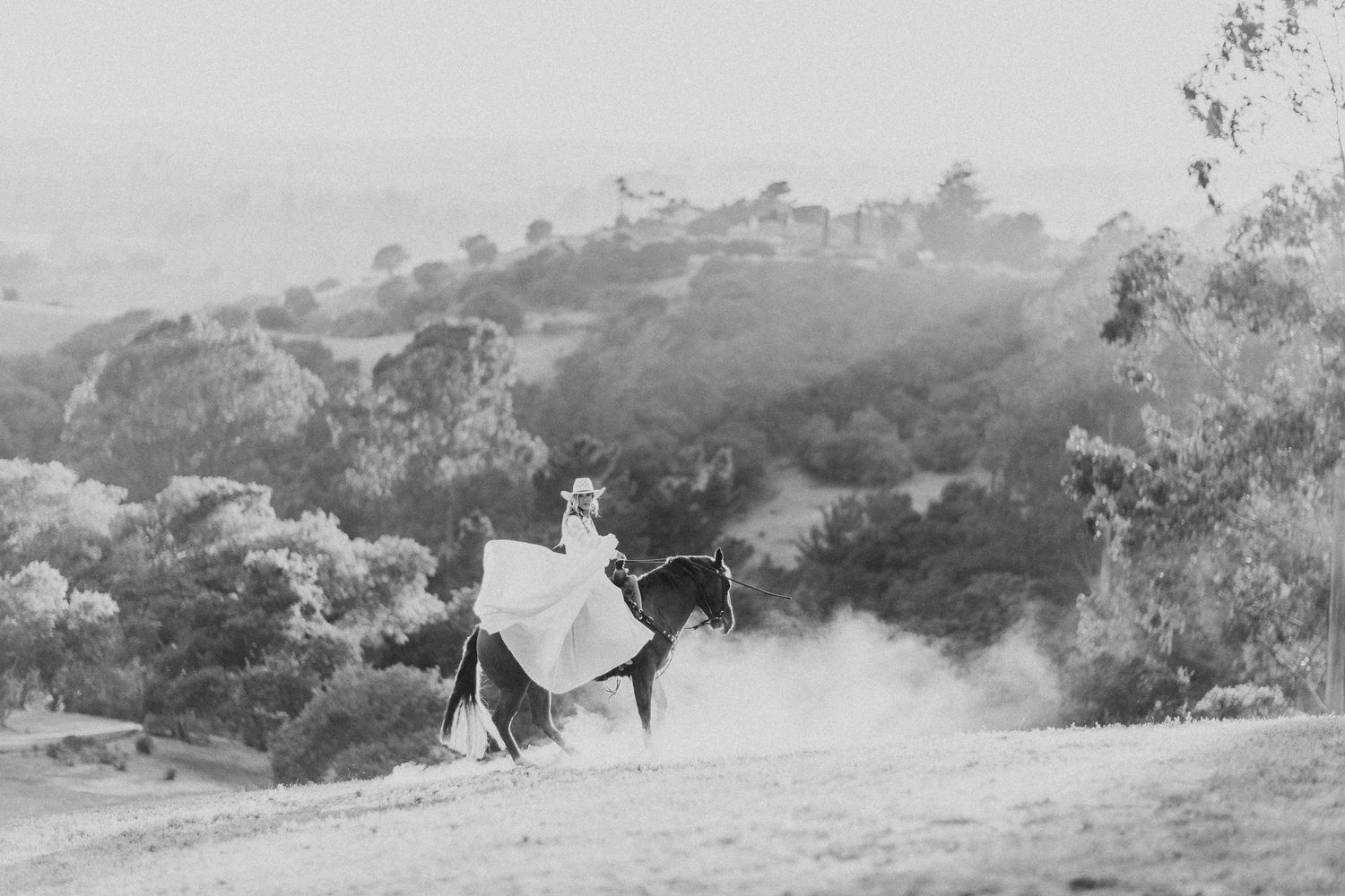 Black and white photo captures a dramatic horse riding moment on a misty hillside.