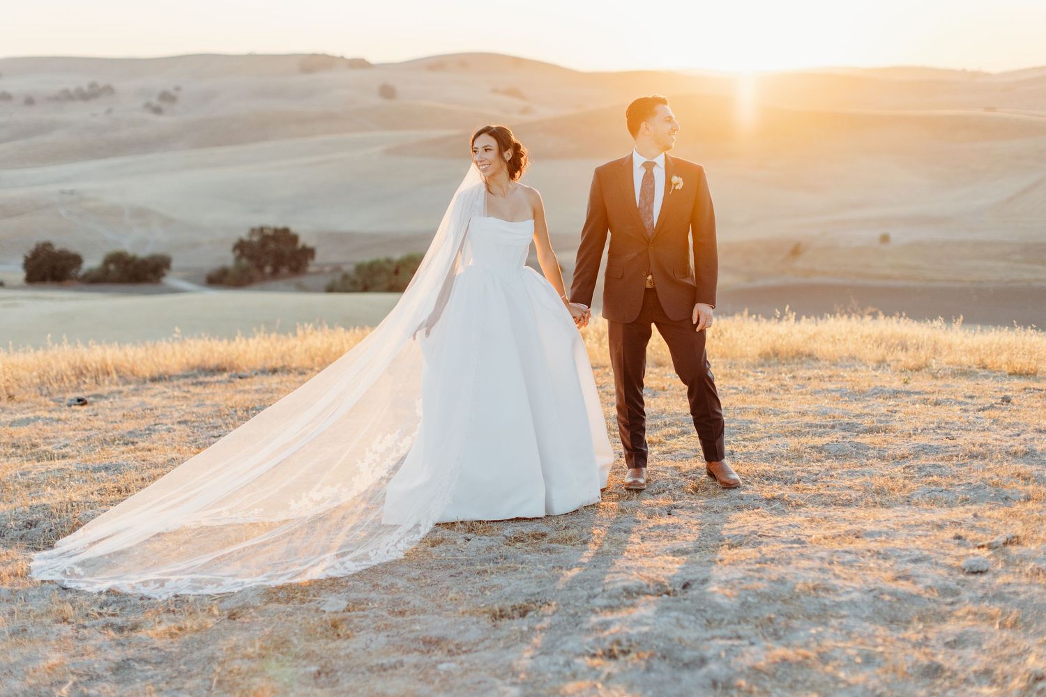 Wedding couple poses in golden sunset light on a hilltop with flowing white dress and veil.