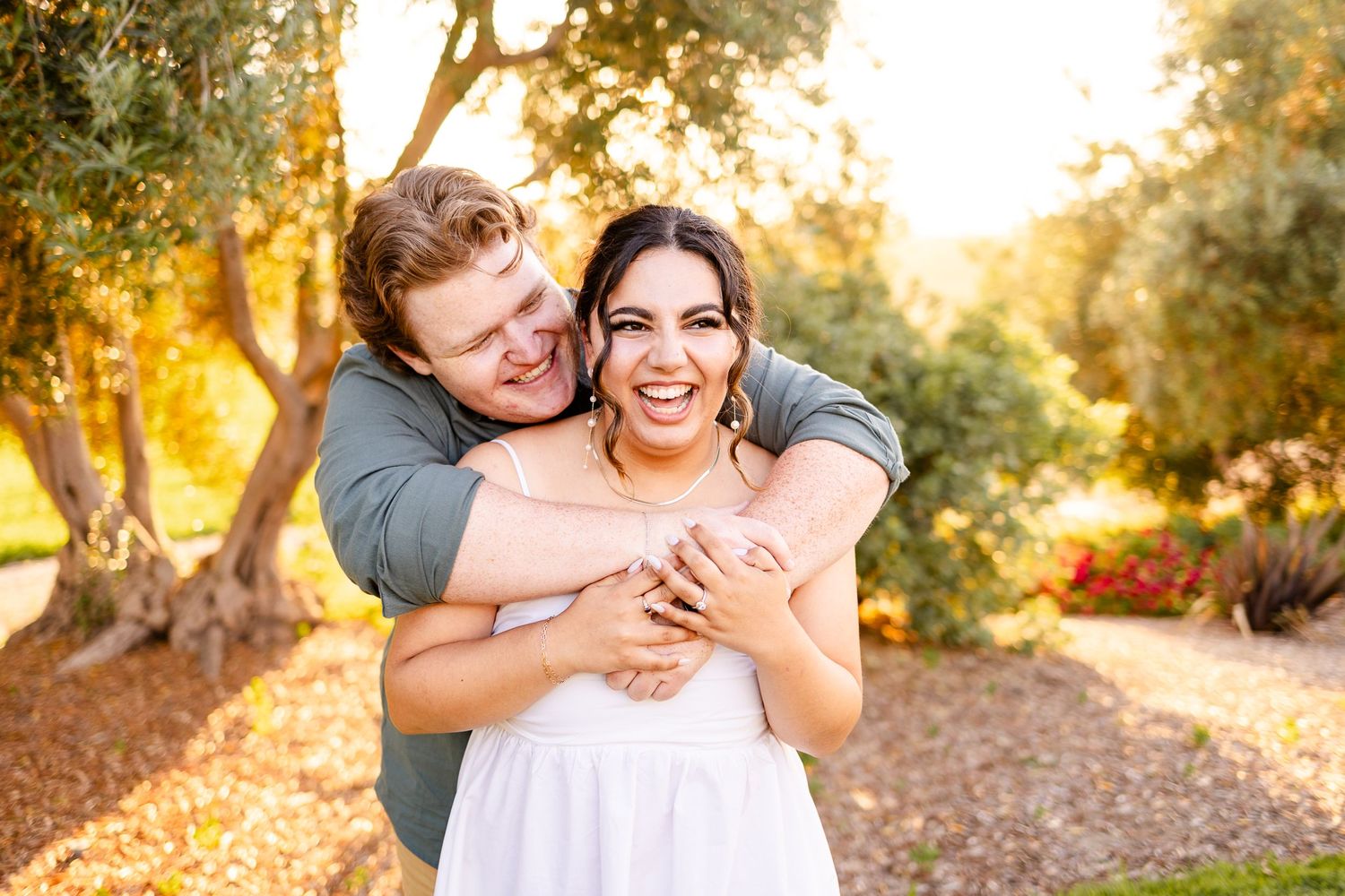 A joyful candid embrace captured in warm golden sunlight among olive trees.