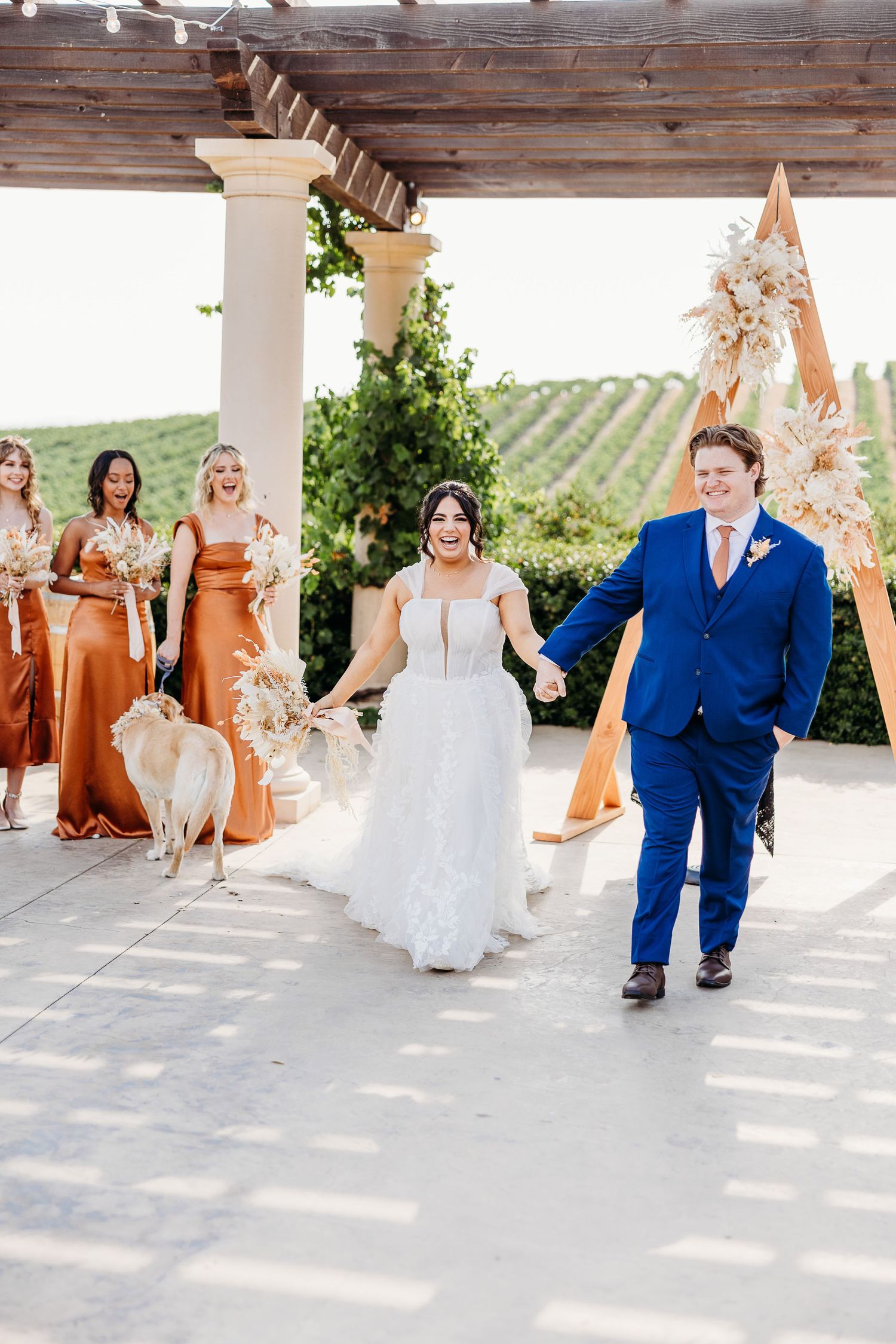 Wedding party walks down outdoor pathway with vineyard backdrop and rustic wooden pergola.