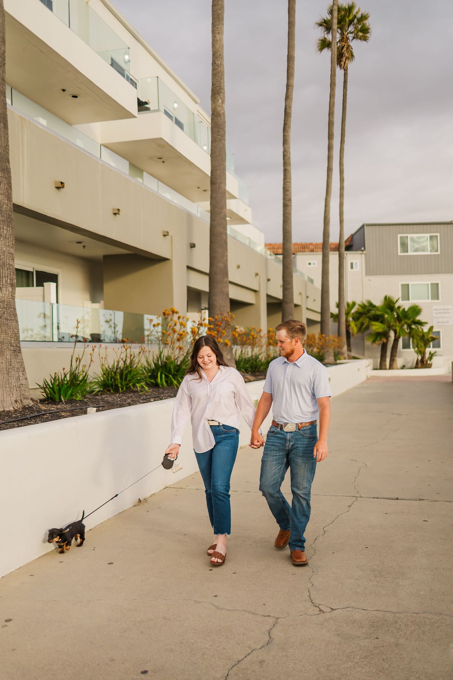 Couple walking their dachshund along a palm tree-lined sidewalk in Southern California.