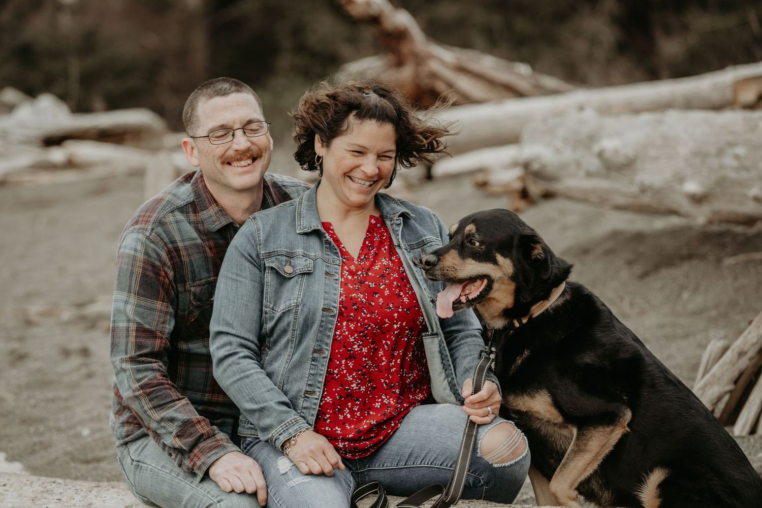 Couple sitting on driftwood at beach with their black and brown dog on a moody autumn day.