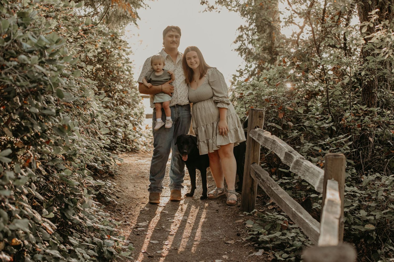 A set of connected photos showing people in casual clothing walking through a beautiful outdoor path at golden hour.