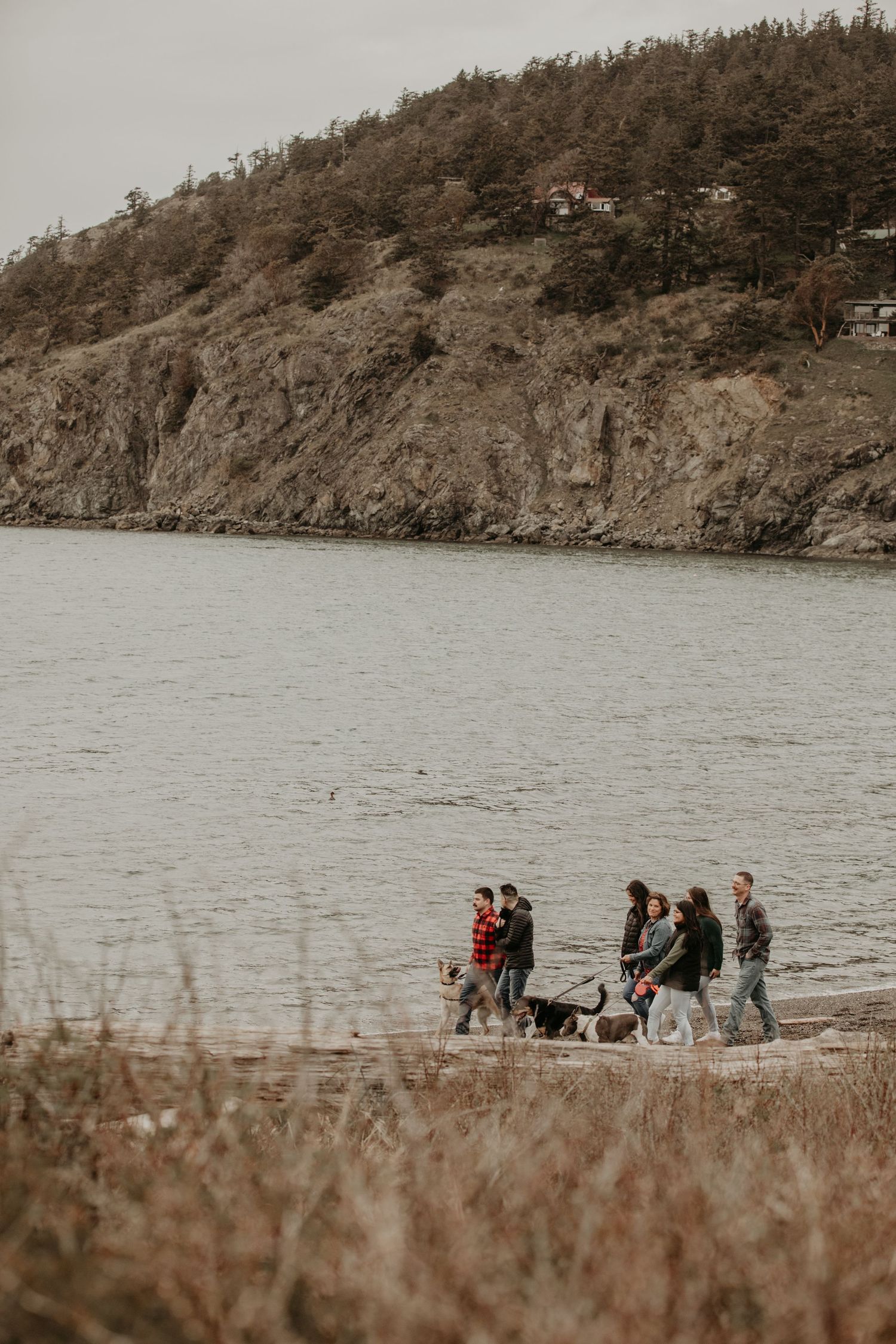 A group walks along a rocky shoreline beneath a steep forested cliff on an overcast day.