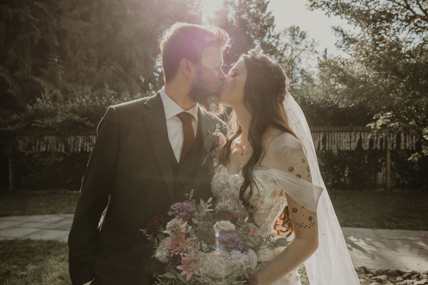 A romantic wedding photo collage showing intimate moments between the couple during sunset.