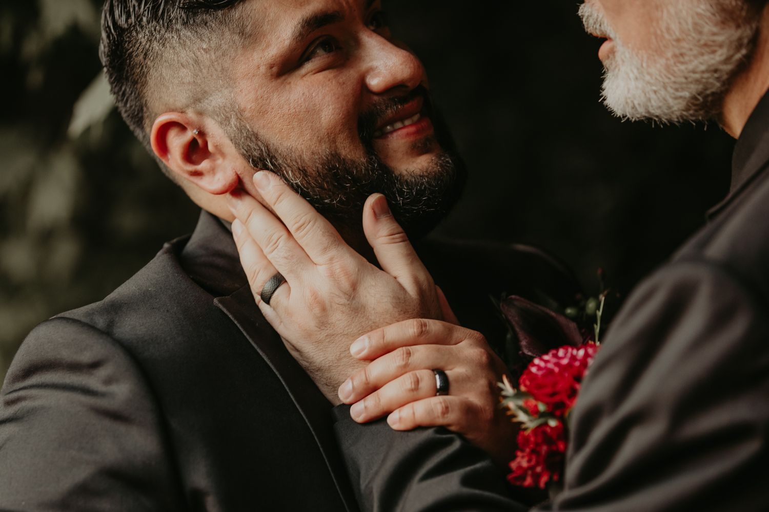 A romantic black and white wedding photo series showing intimate moments between newlyweds in soft lighting.