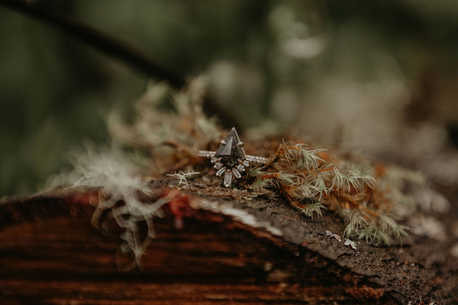 An elegant diamond engagement ring sits atop rustic wood with soft blurred bokeh in the background.