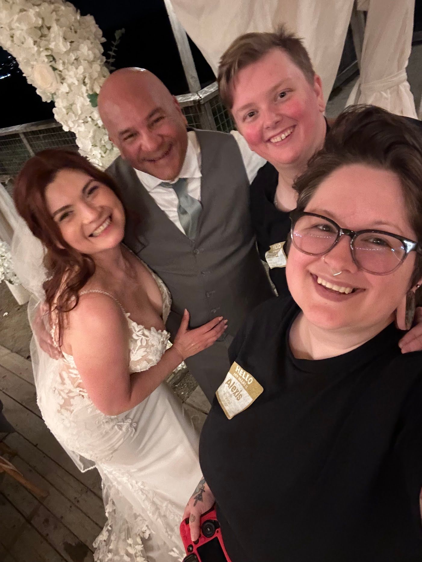 A series of wedding celebration selfies showing joyful moments in formal attire with white floral decorations.