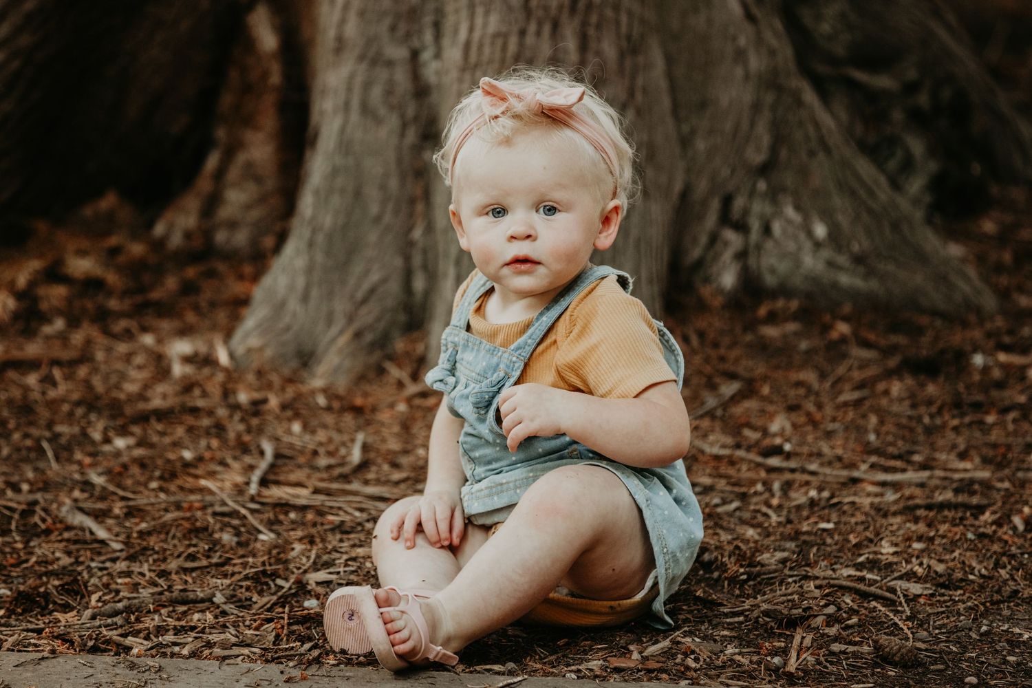 Small child in a turquoise romper sits on brown leaves near a large tree trunk in a rustic outdoor setting.