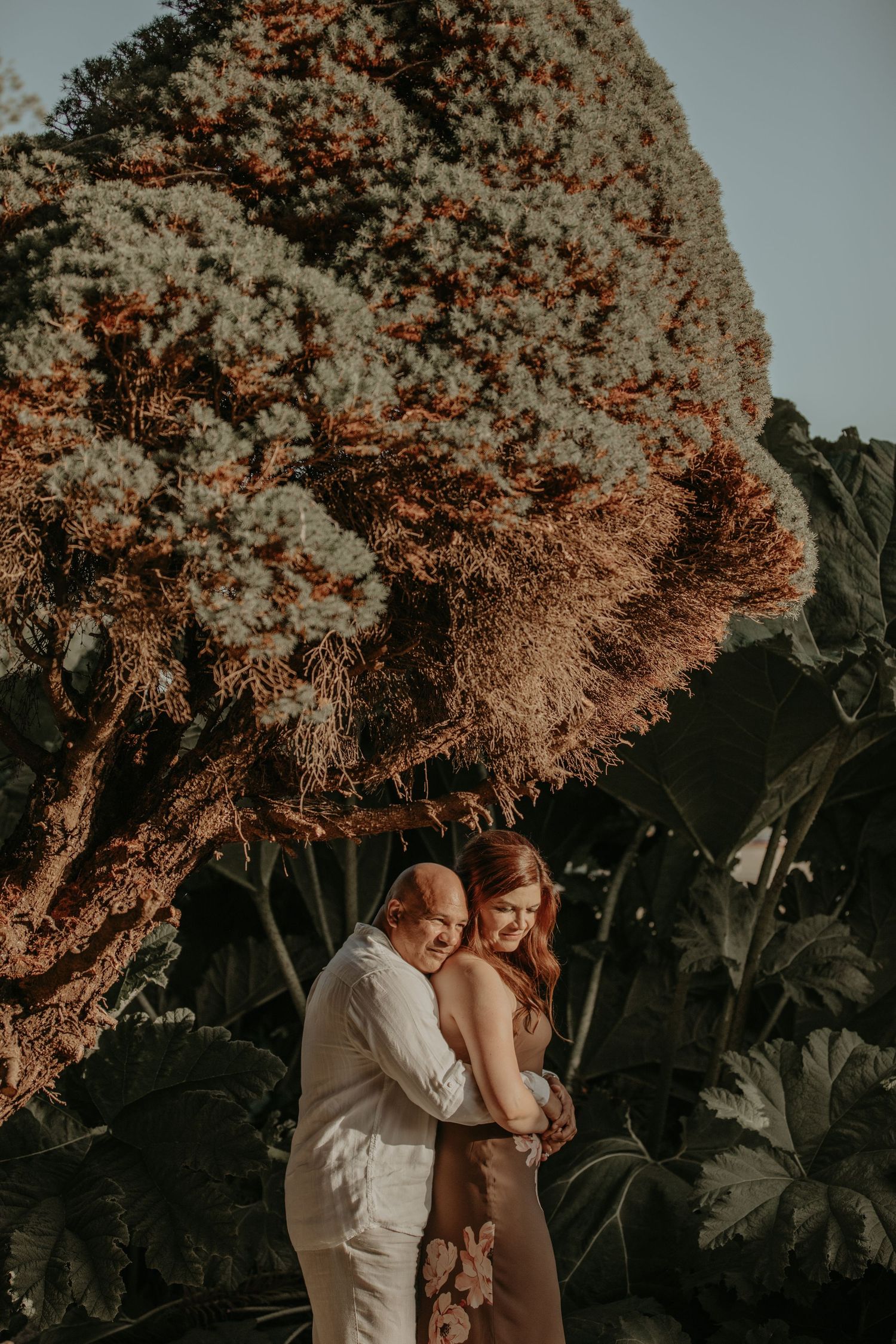 Romantic couple embracing under a flowering tree during golden hour in a garden setting.