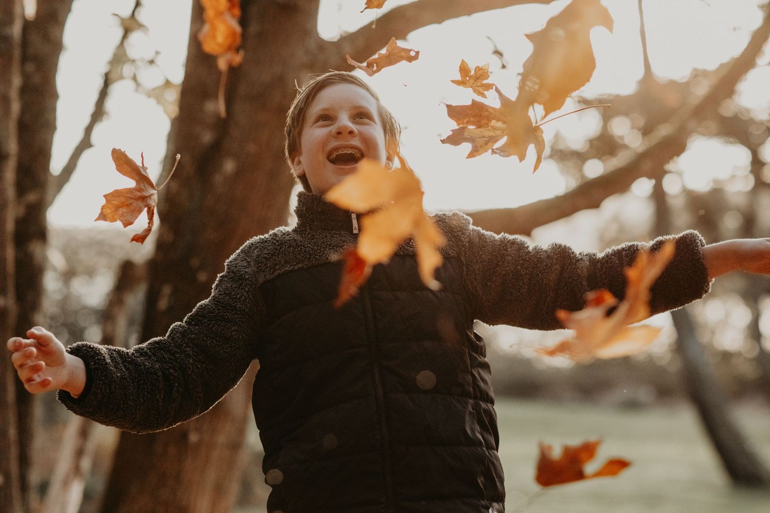 Someone in a black puffy jacket plays with falling autumn leaves during golden hour in a forest.