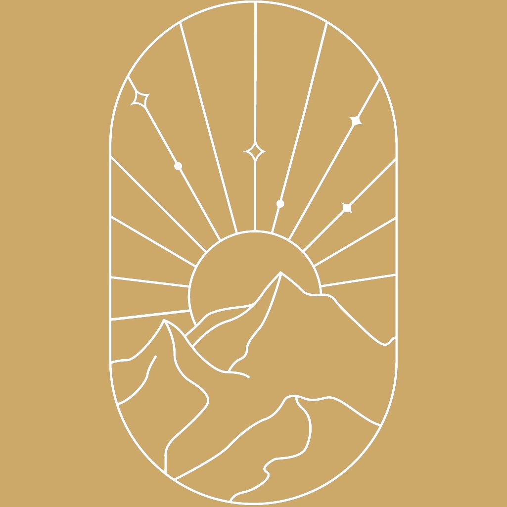 Minimalist line art illustration of mountains and sun rays in an oval frame against a golden background.