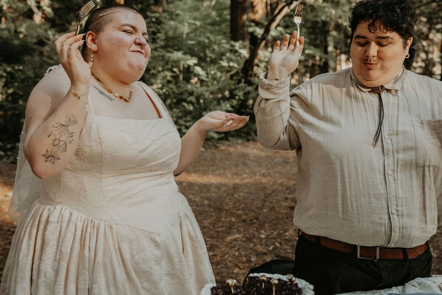 A series of candid outdoor photos showing joyful moments between two people in light colored clothing in a wooded setting.