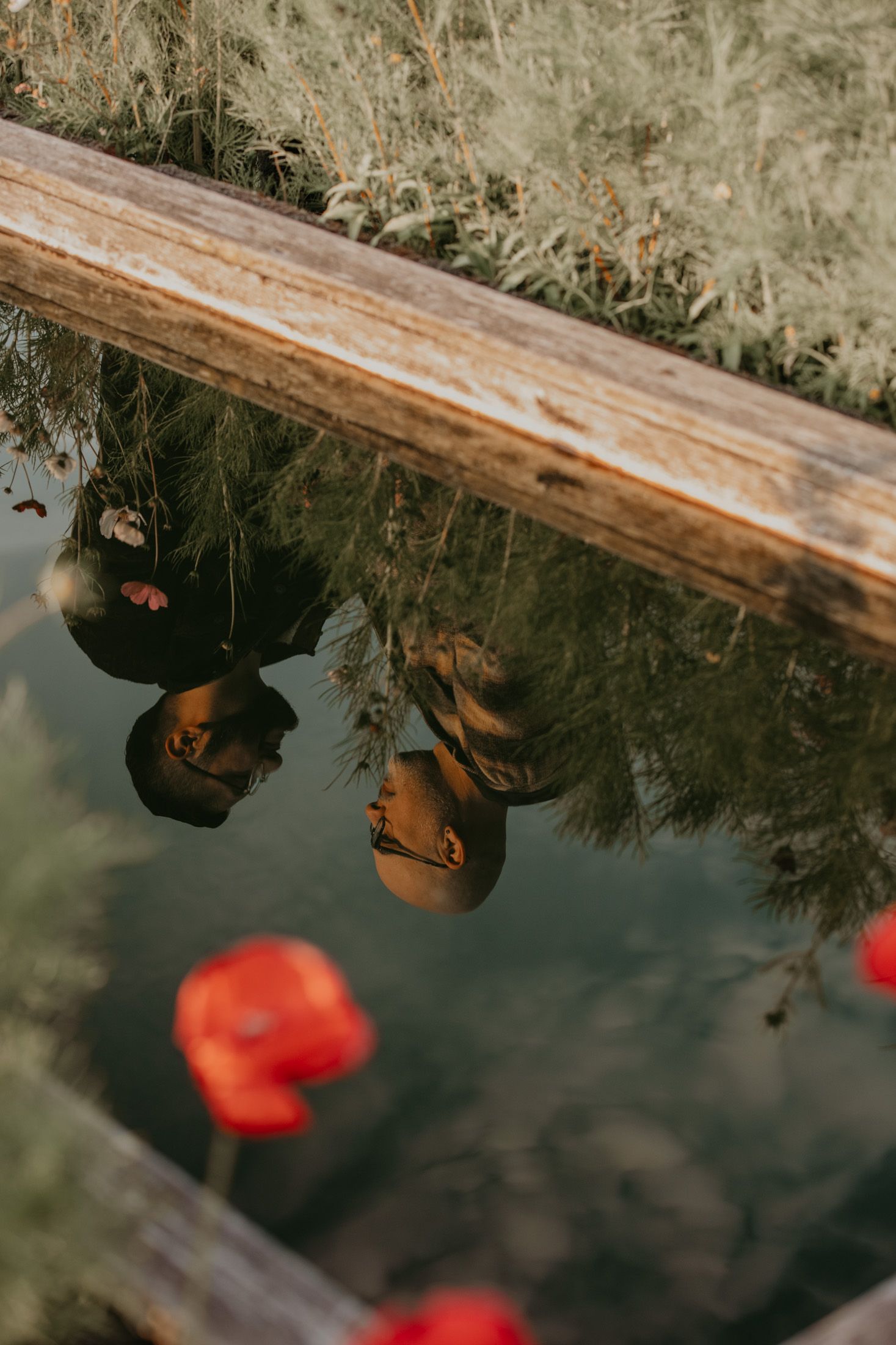 Reflection of two people in a still water pool surrounded by lush greenery and vibrant red poppy flowers.