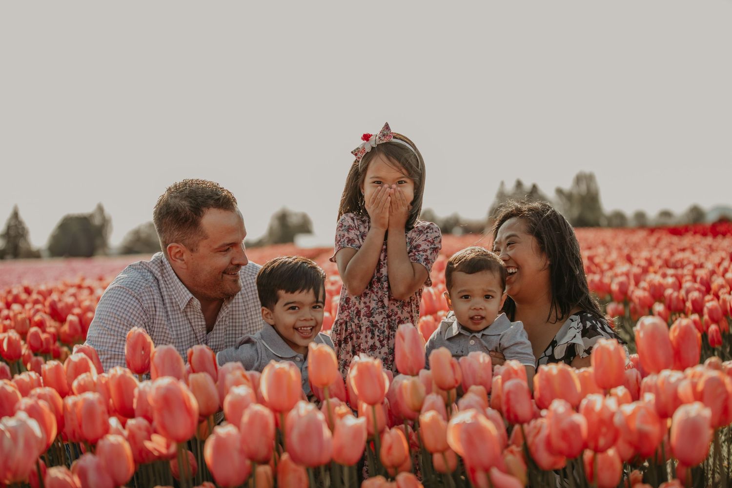 A family sits together in a vibrant red tulip field during springtime bloom.