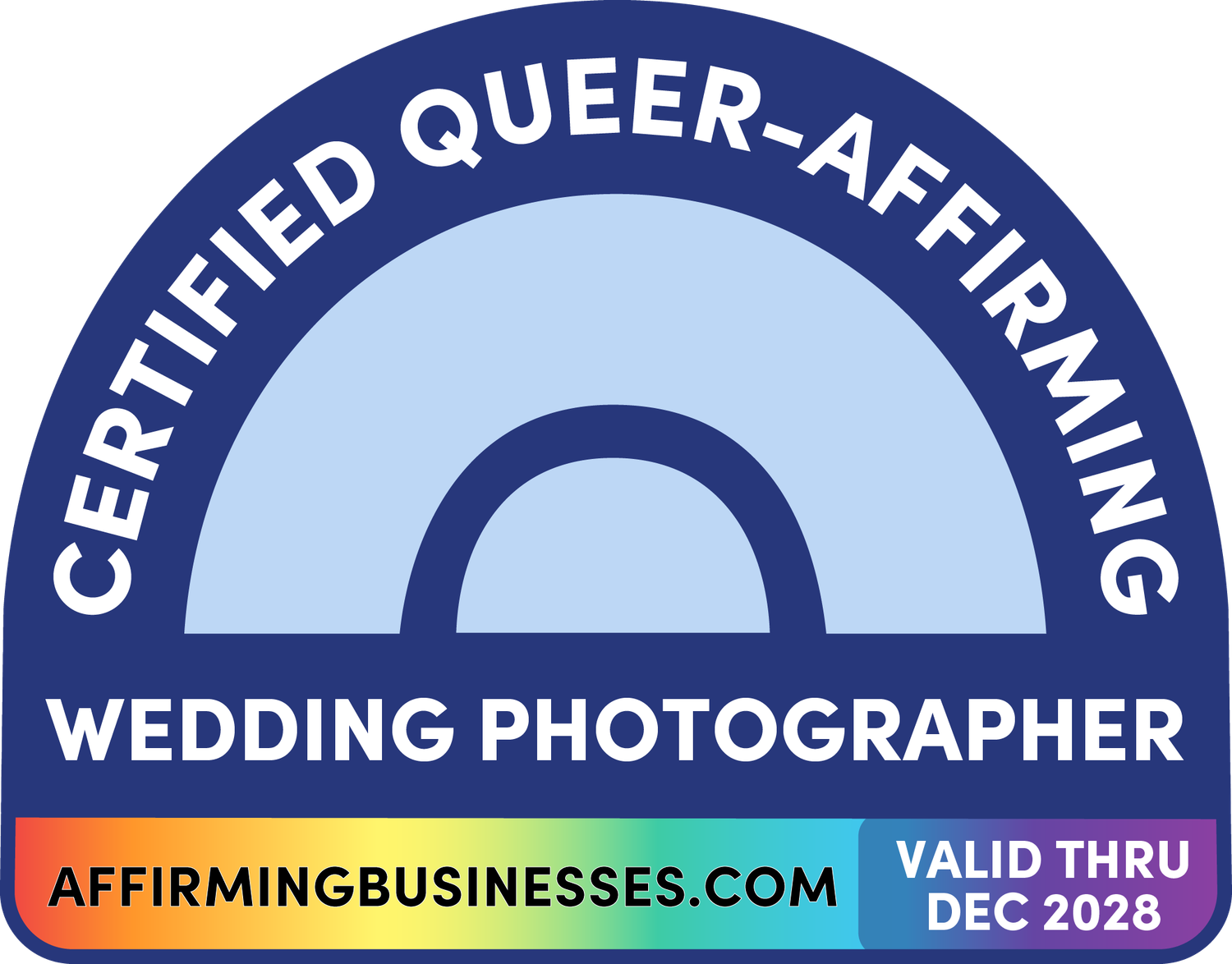 Badge certifying a Certified Queer-Affirming Wedding Photographer from AffirmingBusinesses.com, valid through December 2028.