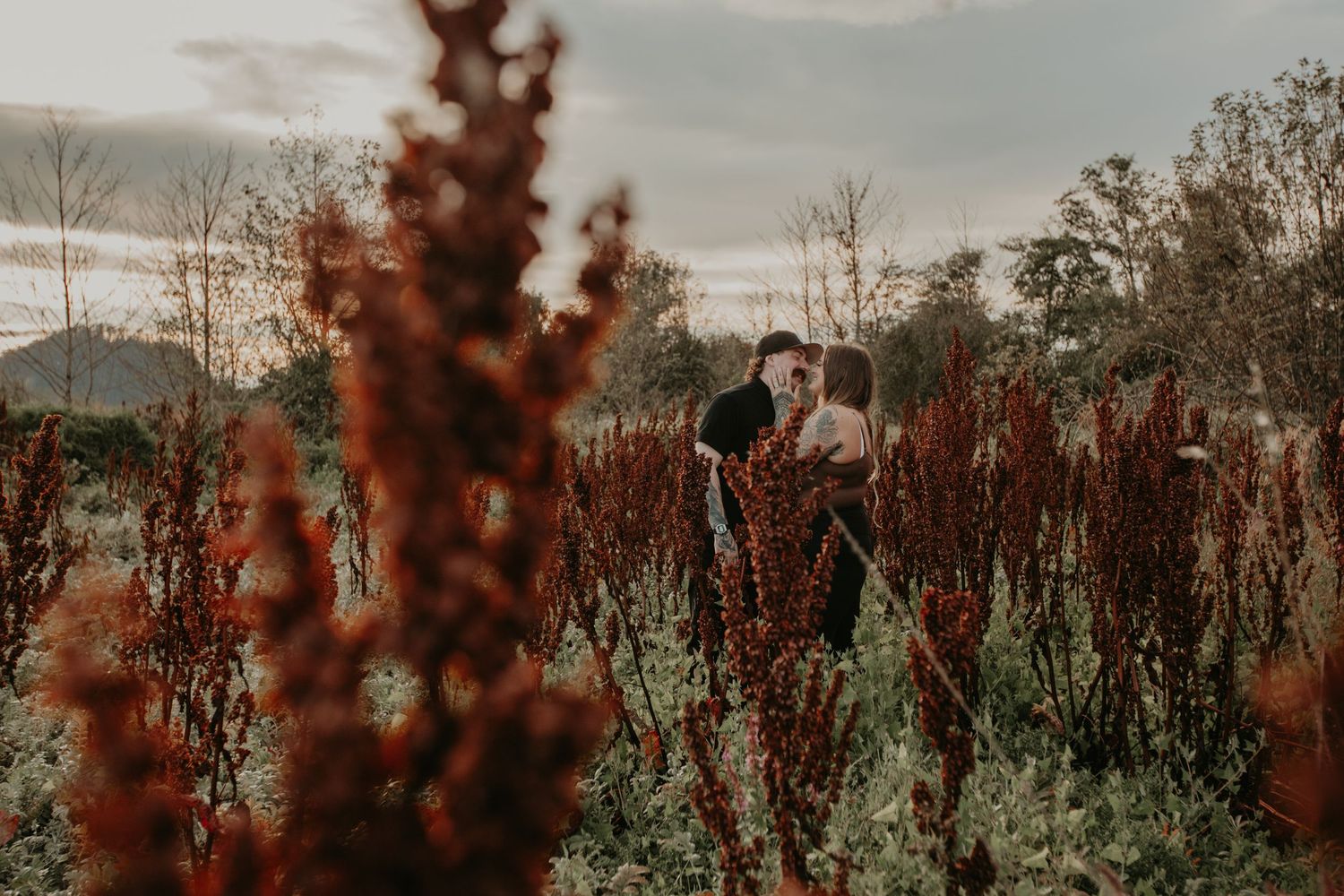 A couple embraces in a field of tall red plants during sunset with mountains in the background.