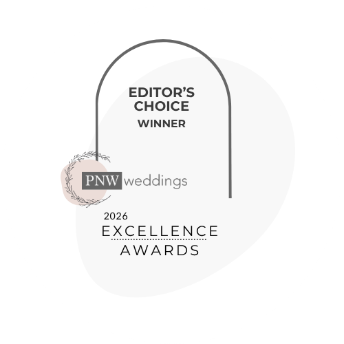 PNW Weddings 2026 Excellence Awards Editor's Choice Winner badge on white background.