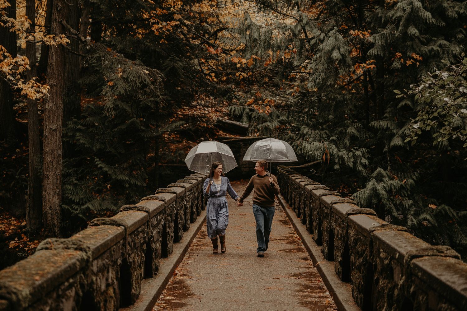Couple holding hands walking on stone bridge in autumn forest with clear umbrellas in the rain.