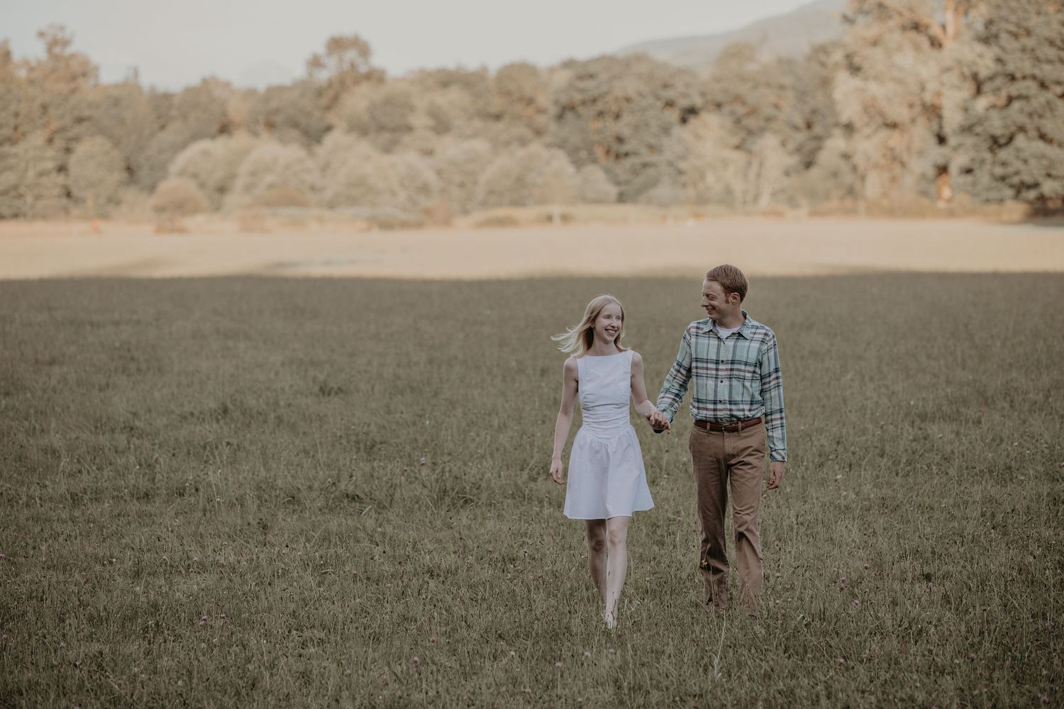 Couple wearing white dress and plaid shirt walk together through a golden field at sunset.